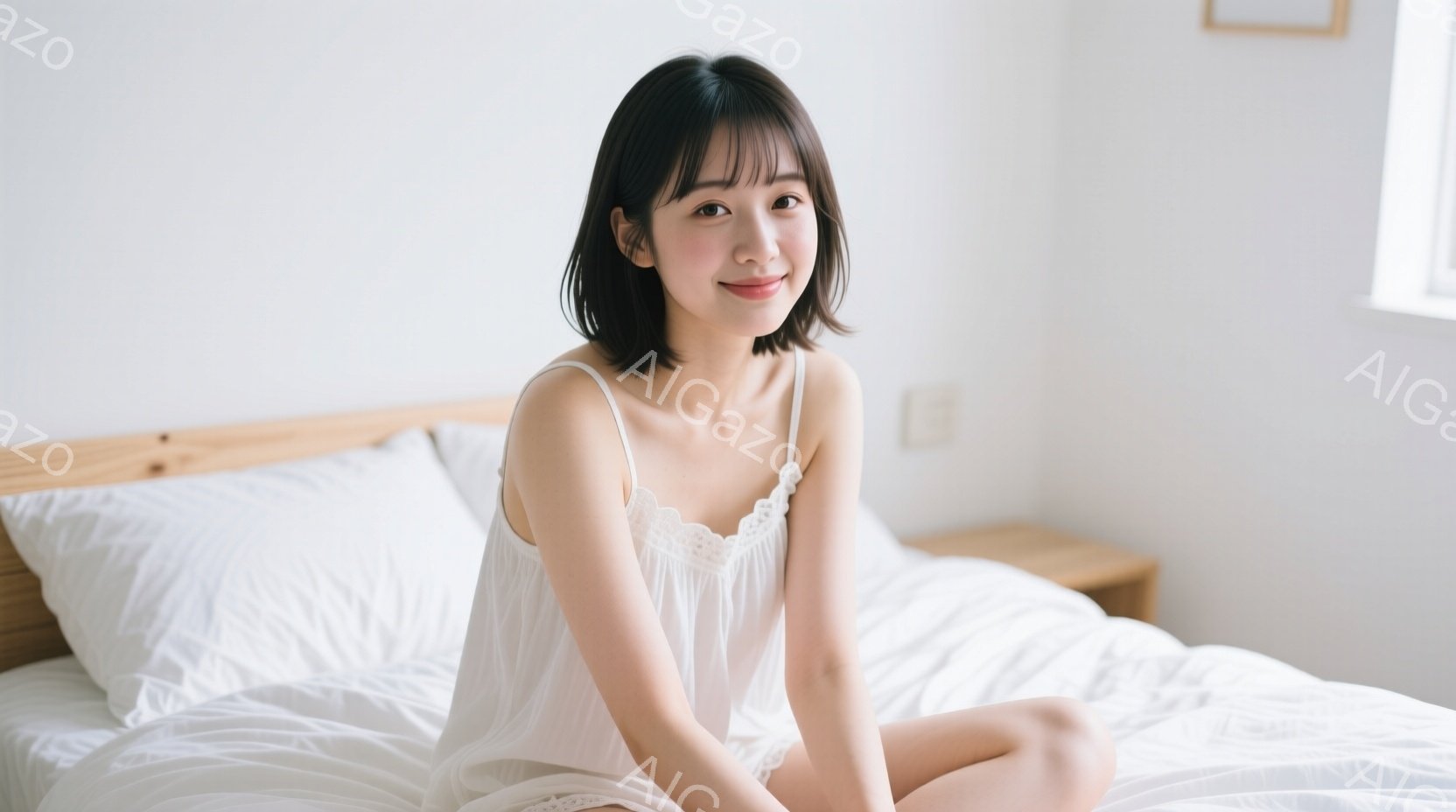 明るい部屋のベッドに座る若い女性が写っている。彼女は白いレースのキャミソールを着ており、ダークブラウンのショートボブヘアに、穏やかな笑顔を浮かべている。背景には白い壁と木製のナイトスタンドがあり、全体 - AI生成フリー素材