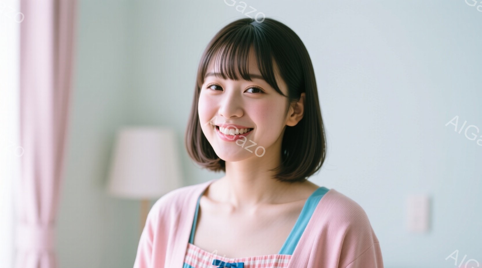 画像には、短い茶髪の髪型で、ピンク色の服を着た若い女性が写っています。彼女は微笑んでおり、リラックスした姿勢で正面を見つめています。背景は明るいピンク色のカーテンと、ぼやけたランプのある白い壁で、全体 - AI生成フリー素材