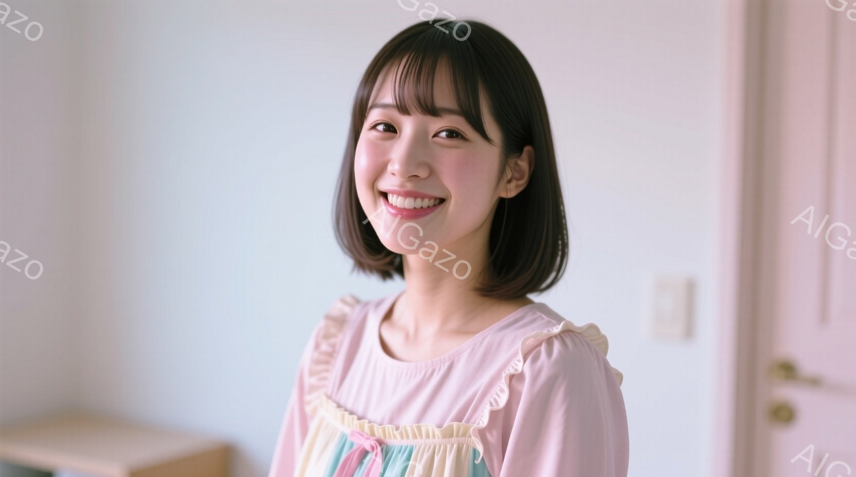 画像には、短い茶色の髪で、笑顔を見せている若い女性が写っています。彼女は、ピンク色のフリル襟のブラウスとカラフルなスカートを着用しており、リラックスした姿勢で正面を向いています。背景は淡いピンク色の壁 - AI生成フリー素材