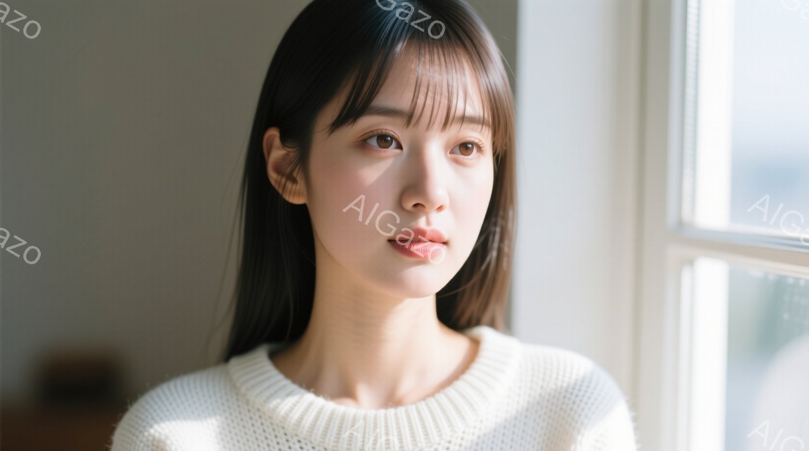 長い黒髪で、前髪が眉毛にかかるようにカットされた若い女性が写っている。オフホワイトのざっくりとしたニットセーターを着ており、顔色は明るく、少し微笑んでいるように見える。背景には窓があり、ぼやけた街並み - AI生成フリー素材