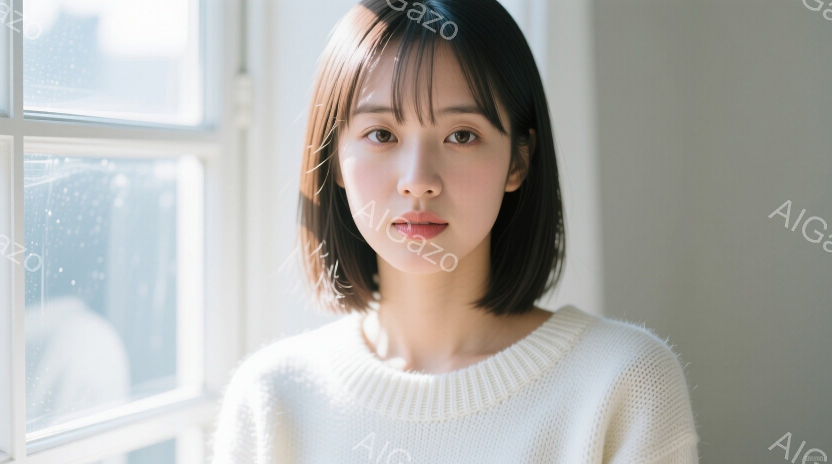 ショートヘアの女性が、オフホワイトのニットセーターを着て正面を見つめています。彼女の表情は穏やかで、少し微笑んでいるように見えます。背景には窓があり、ぼんやりとした都市の景色が見え、柔らかい自然光が彼 - AI生成フリー素材