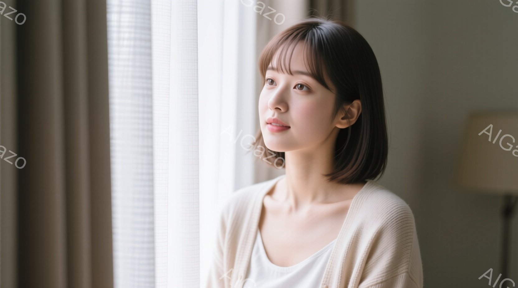 明るい光が差し込む窓辺で、女性が物思いにふけっている様子が写っている。ベージュのカーディガンに白いインナーを着ており、前髪のあるショートヘアが特徴的だ。彼女は少し上目線で遠くを見つめ、穏やかで静謐な雰囲気を醸し出している。