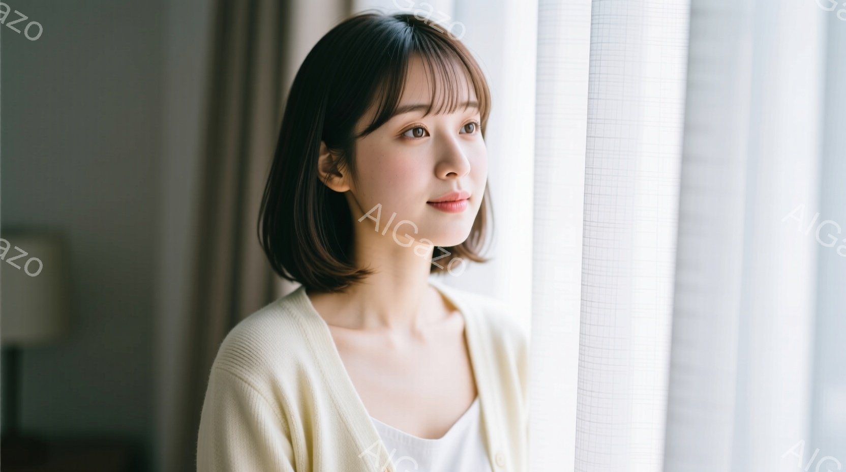 明るい室内で、ベージュのカーディガンを羽織った若い女性が窓辺に立っている。彼女は肩までの長さのダークブラウンのヘアスタイルで、少し微笑んだ表情で遠くを見つめている。背景はぼやけており、白いカーテンと室 - AI生成フリー素材