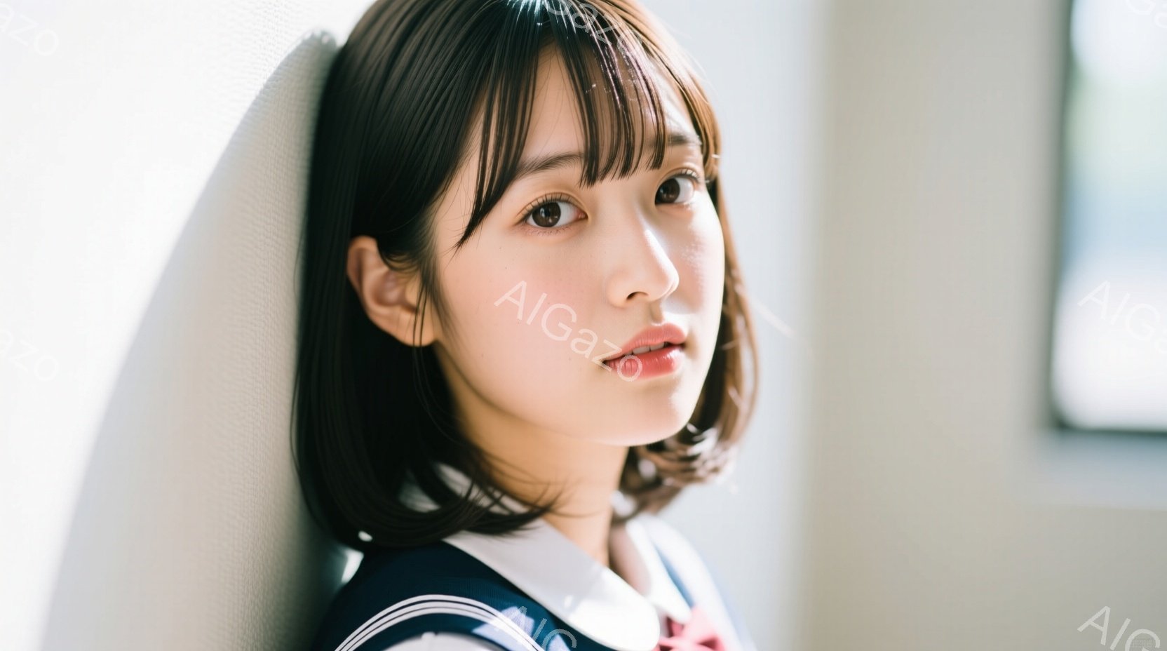 ショートカットの黒髪で、前髪が眉毛にかかるようにカットされた若い女性が写っている。彼女は制服を着ており、白い壁にもたれて軽く微笑んでいる。背景は明るく、窓からの自然光が差し込んでおり、全体的に穏やかで - AI生成フリー素材