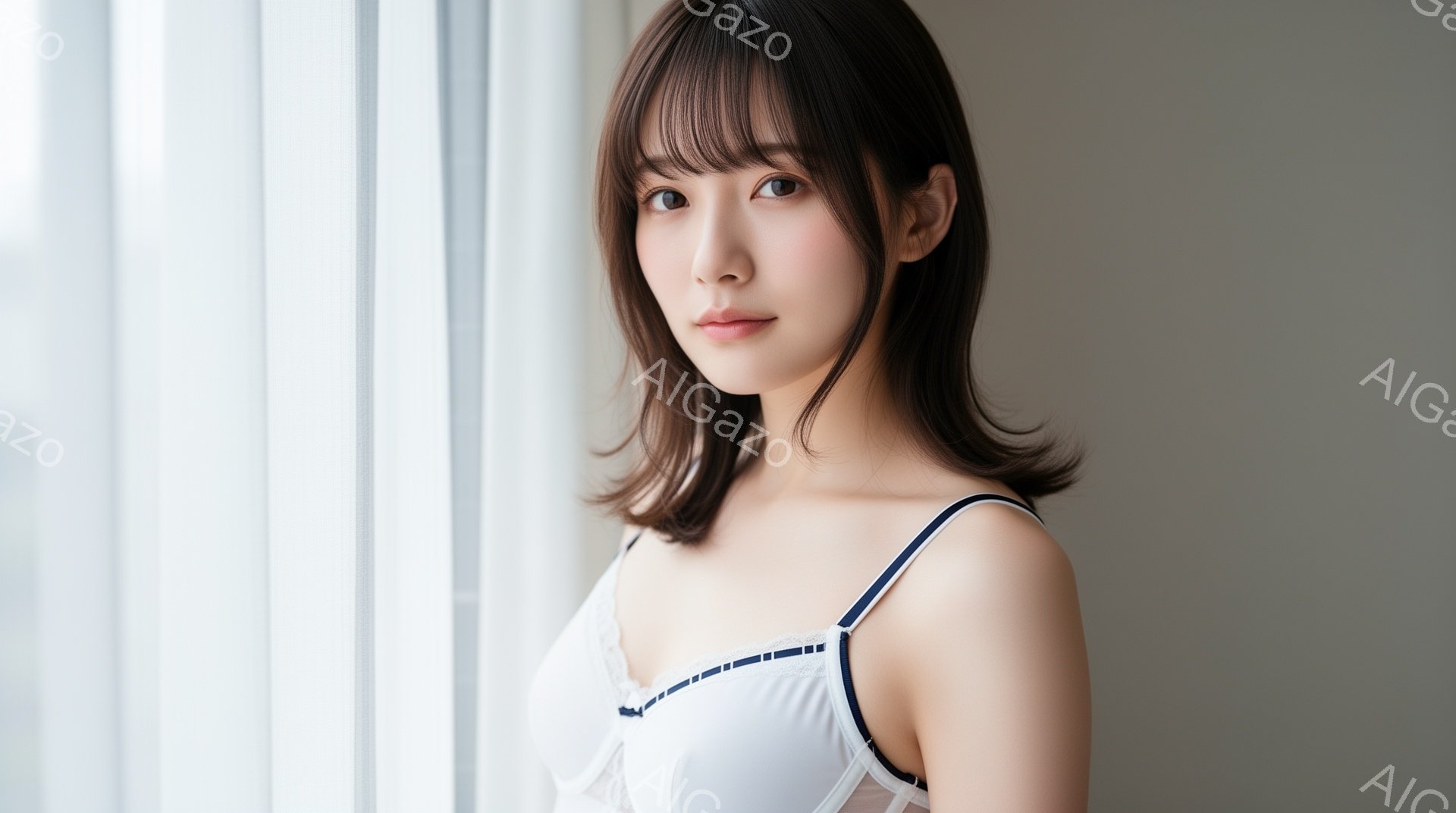 画像は、白いキャミソールに身を包んだ若い女性を捉えています。彼女は肩までの長さの茶色の髪を持ち、控えめな微笑みを浮かべています。背景は白いカーテンで、柔らかい自然光が差し込み、全体的に穏やかで優しい雰 - AI生成フリー素材