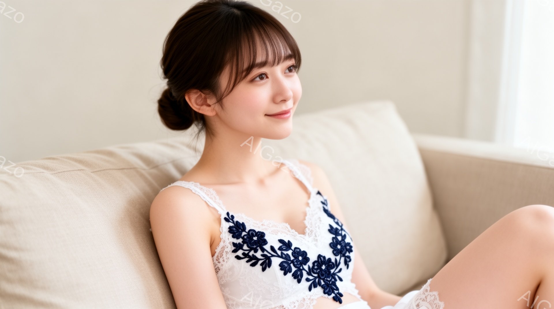 白い背景のソファに座る女性が写っています。彼女は白いレースと紺色の刺繍が施されたキャミソールを身につけ、髪は後ろでまとめています。穏やかな表情で、リラックスした雰囲気です。 - AI生成フリー素材