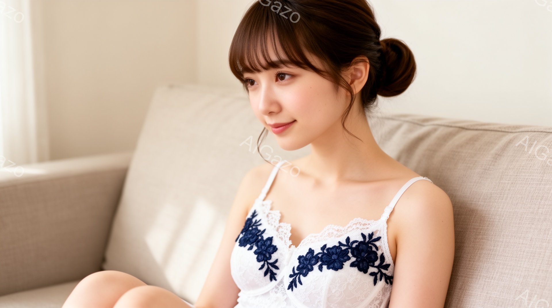 明るい色のソファに座っている若い女性が写っています。白いレースのブラレットに黒い刺繍が施されており、髪は前髪を少し残して後ろでまとめている。彼女は穏やかな笑顔を浮かべ、リラックスした様子で遠くを見つめ - AI生成フリー素材