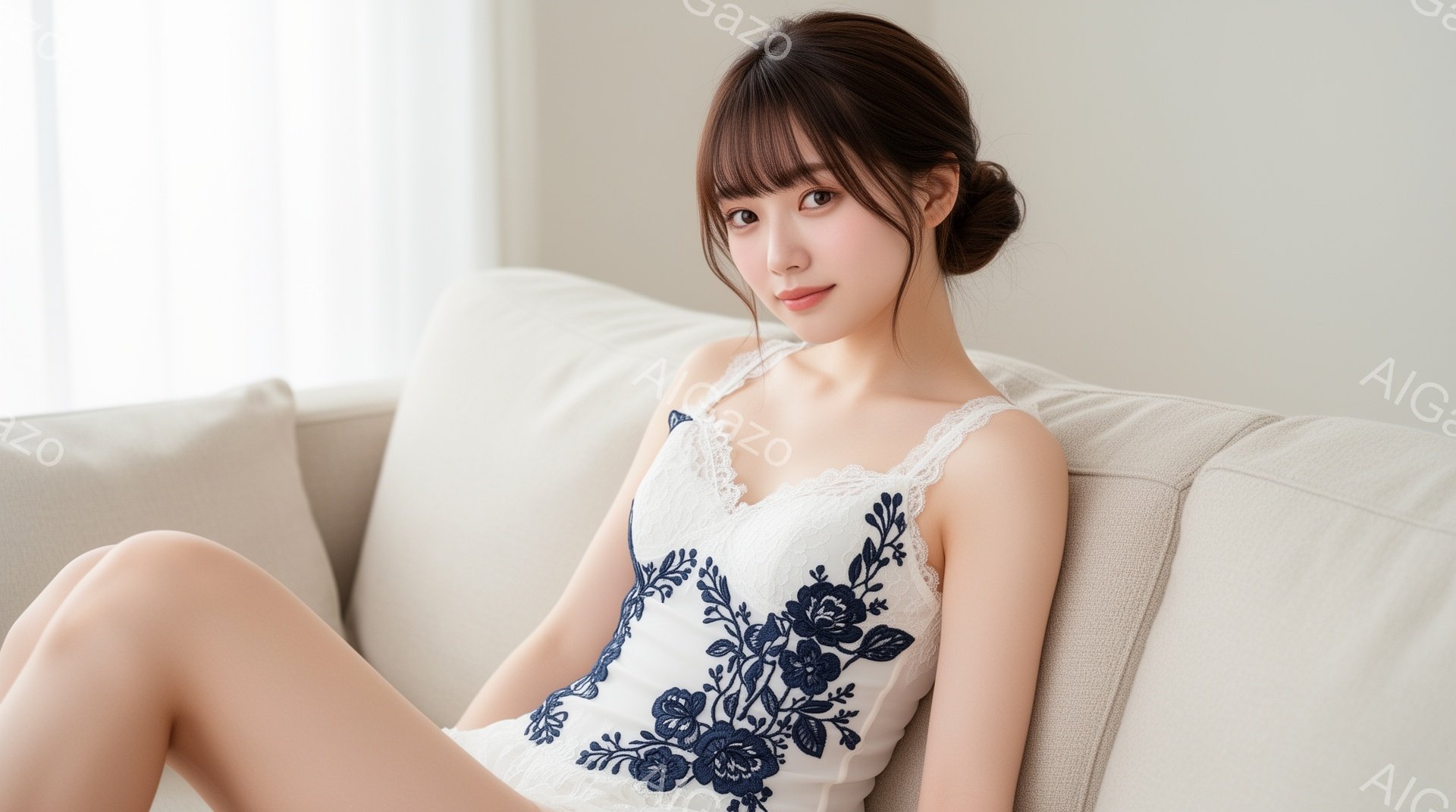 白い背景のソファに座る女性は、肩出しの白いブラウスと短いパンツを着用しています。彼女は暗い花柄の刺繍が施されたトップスを着ており、茶色の長い髪はゆるく巻いて顔の周りに落ちています。彼女は微笑んでいて、 - AI生成フリー素材