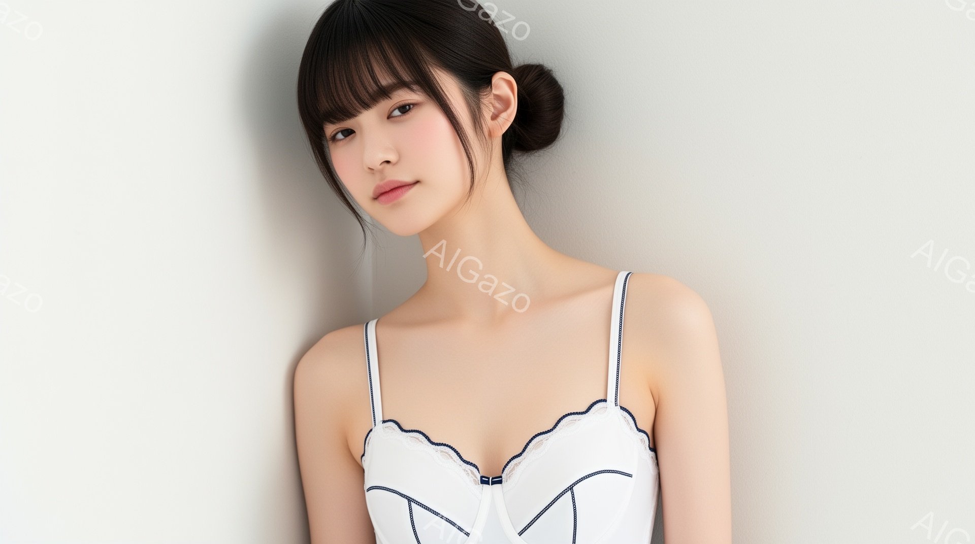 若い女性が白いキャミソールブラを着用し、髪を後ろでまとめ、壁にもたれて立っています。彼女は穏やかな表情でカメラを見つめており、全体的に柔らかく優しい雰囲気を醸し出しています。背景は淡い色調で、女性が引 - AI生成フリー素材