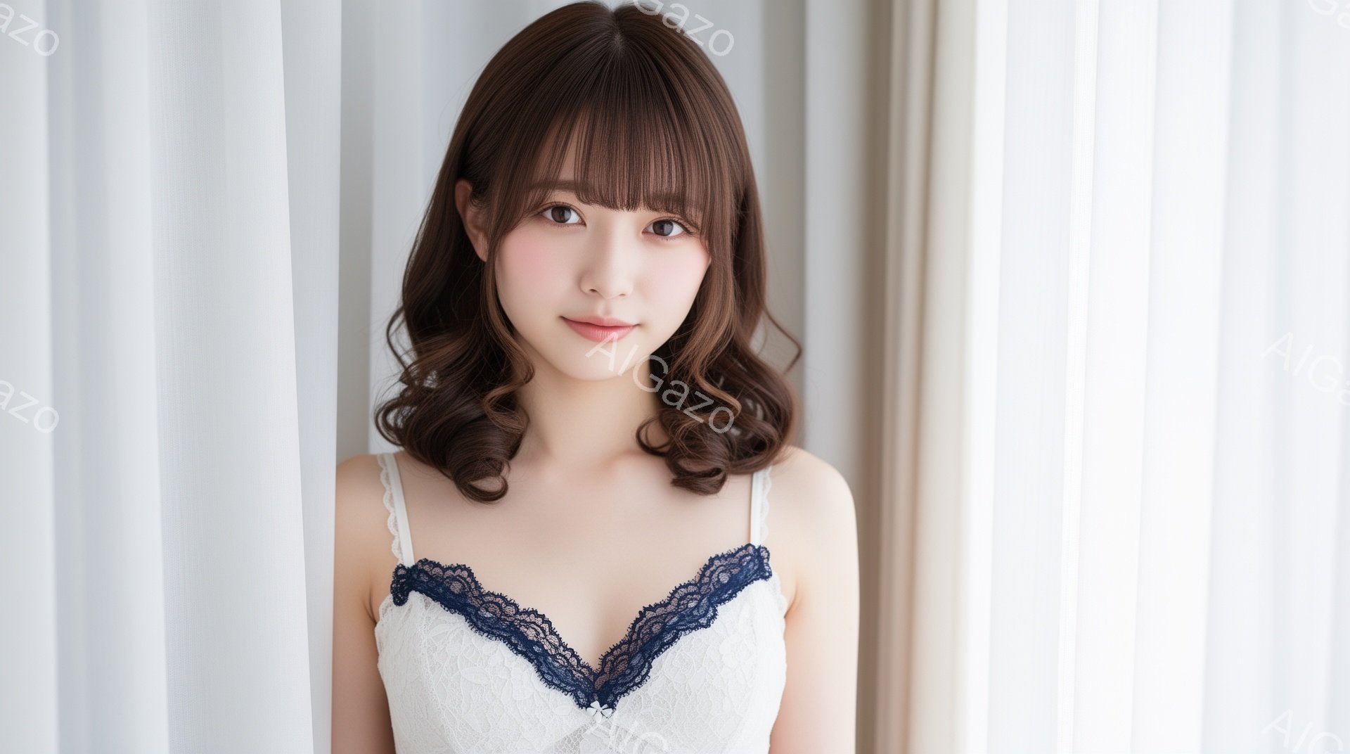 画像は、肩出しの白いレースブラとショーツを着用した若い女性が写っています。彼女は肩までの長さの茶色の髪で、少し微笑んだ表情をしています。背景は白いカーテンで、全体的に柔らかく優しい雰囲気です。 - AI生成フリー素材