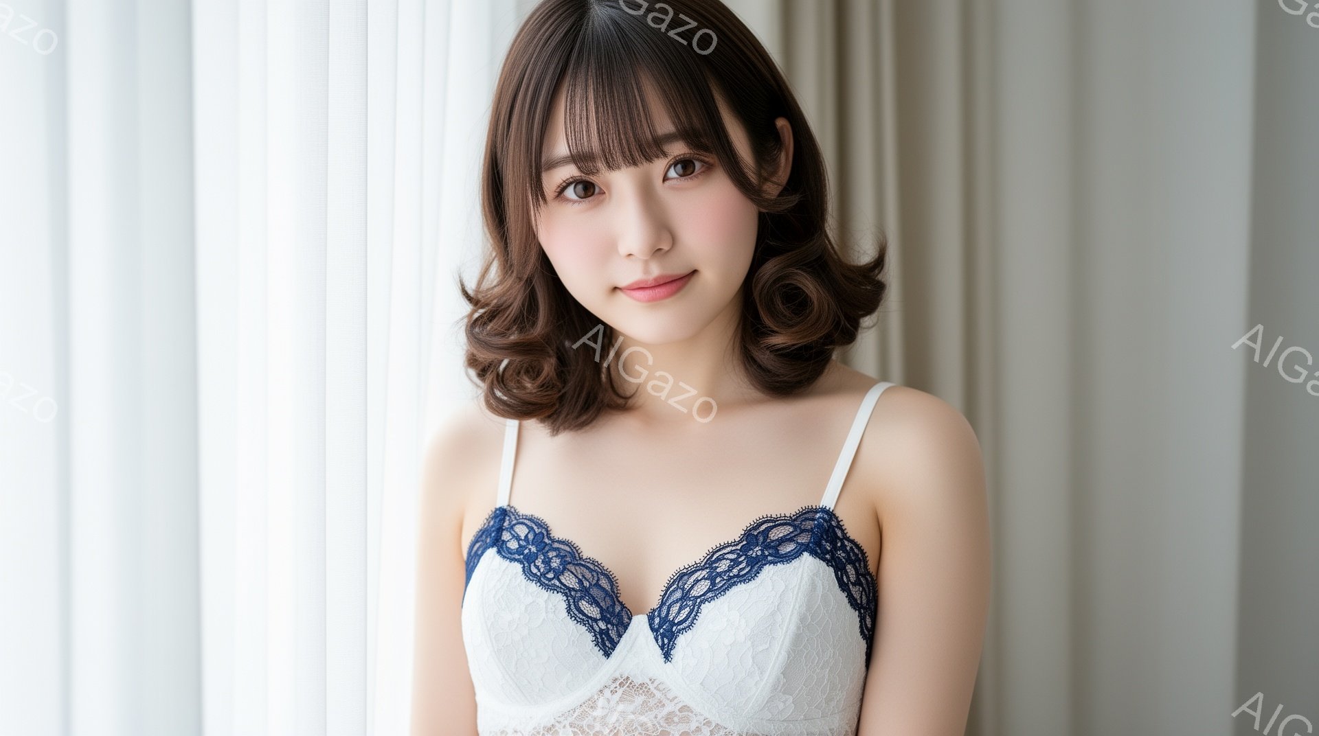 画像は、茶色の巻き髪と前髪を持つ若い女性が写っています。彼女は白いレースのキャミソールに身を包み、わずかに微笑んでいます。背景は柔らかい光が差し込む白いカーテンで、全体的に柔らかく優しい雰囲気が漂って - AI生成フリー素材