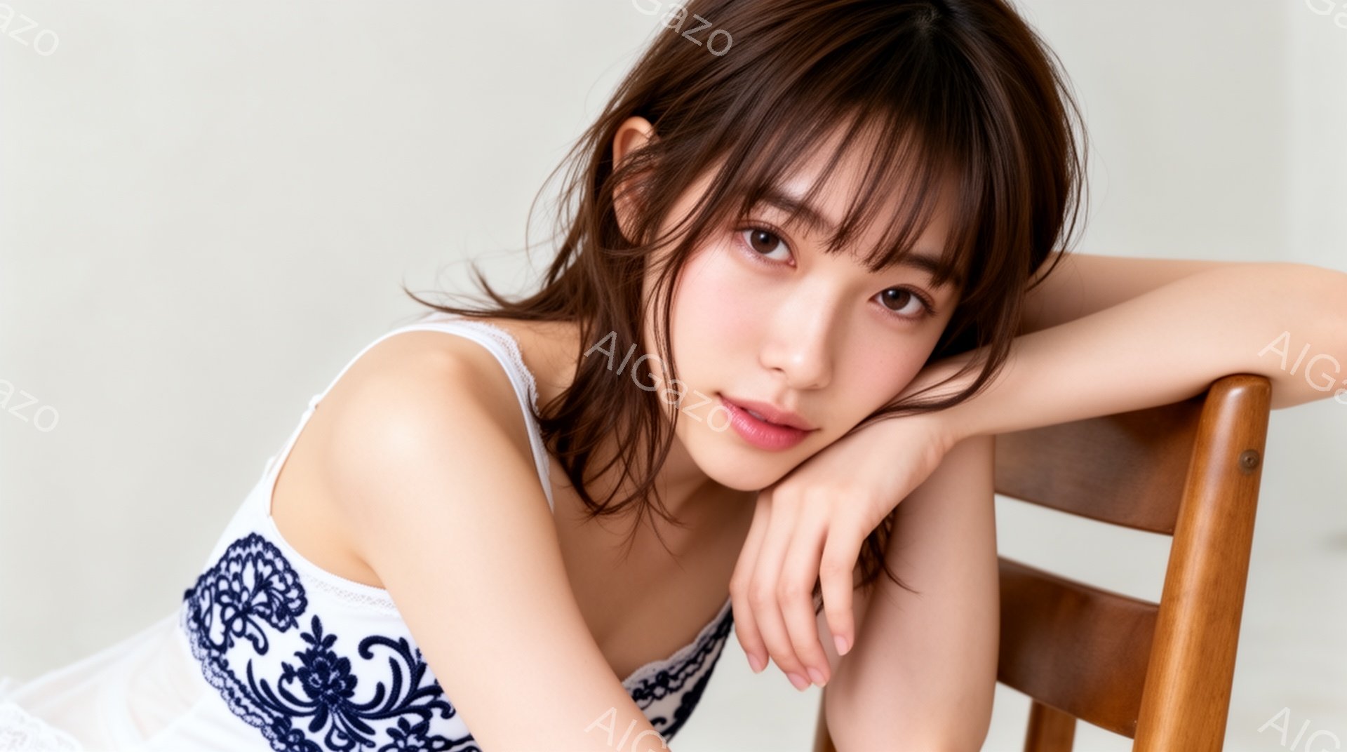 長い茶色の髪を無造作にかけた若い女性が、肘をついて椅子にもたれかかっている。白地に青い模様が入ったキャミソールを着ており、表情は穏やかで少し微笑んでいるように見える。背景は白く、全体的に柔らかく優しい - AI生成フリー素材