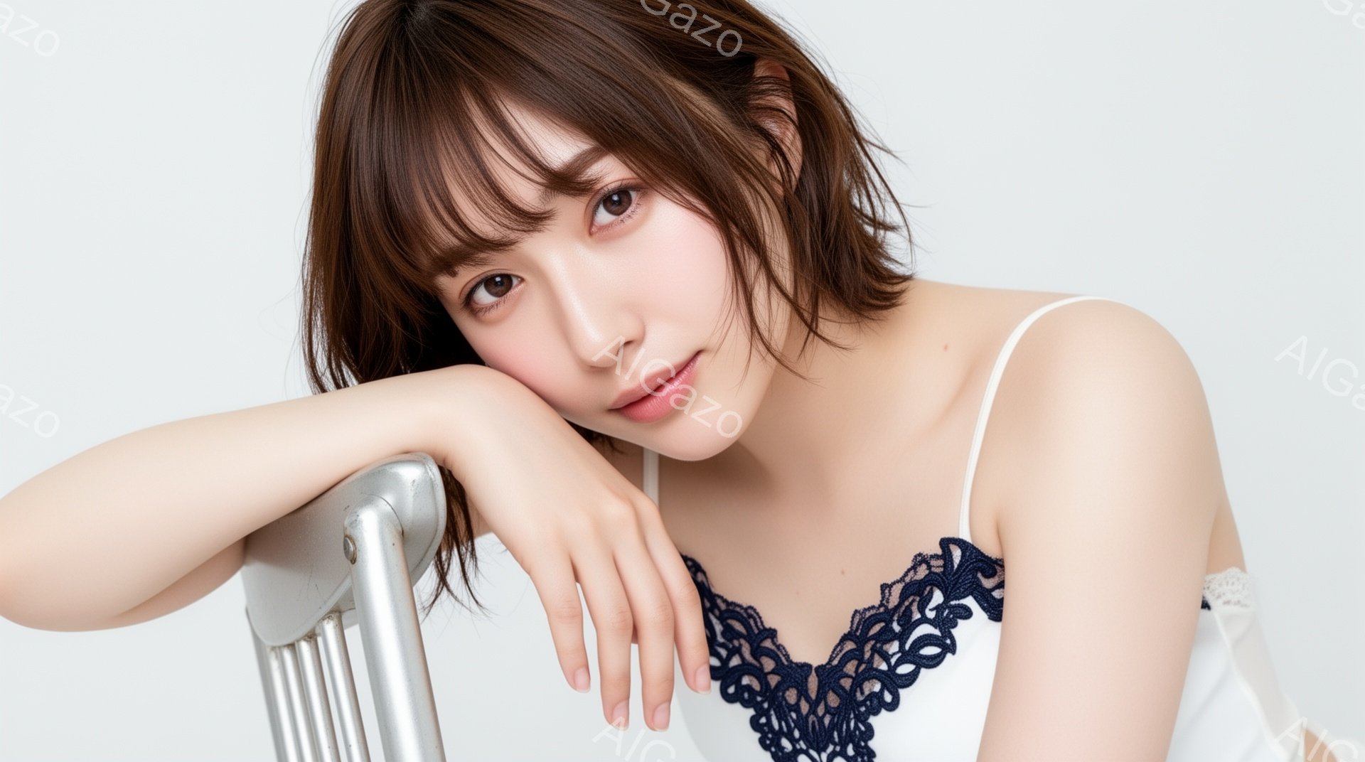 画像は、茶色の髪の女性が椅子にもたれかかって写っています。彼女は白いトップスに青いレースがあしらわれており、少し微笑んでいます。背景は白く、全体的に柔らかく優しい雰囲気です。 - AI生成フリー素材