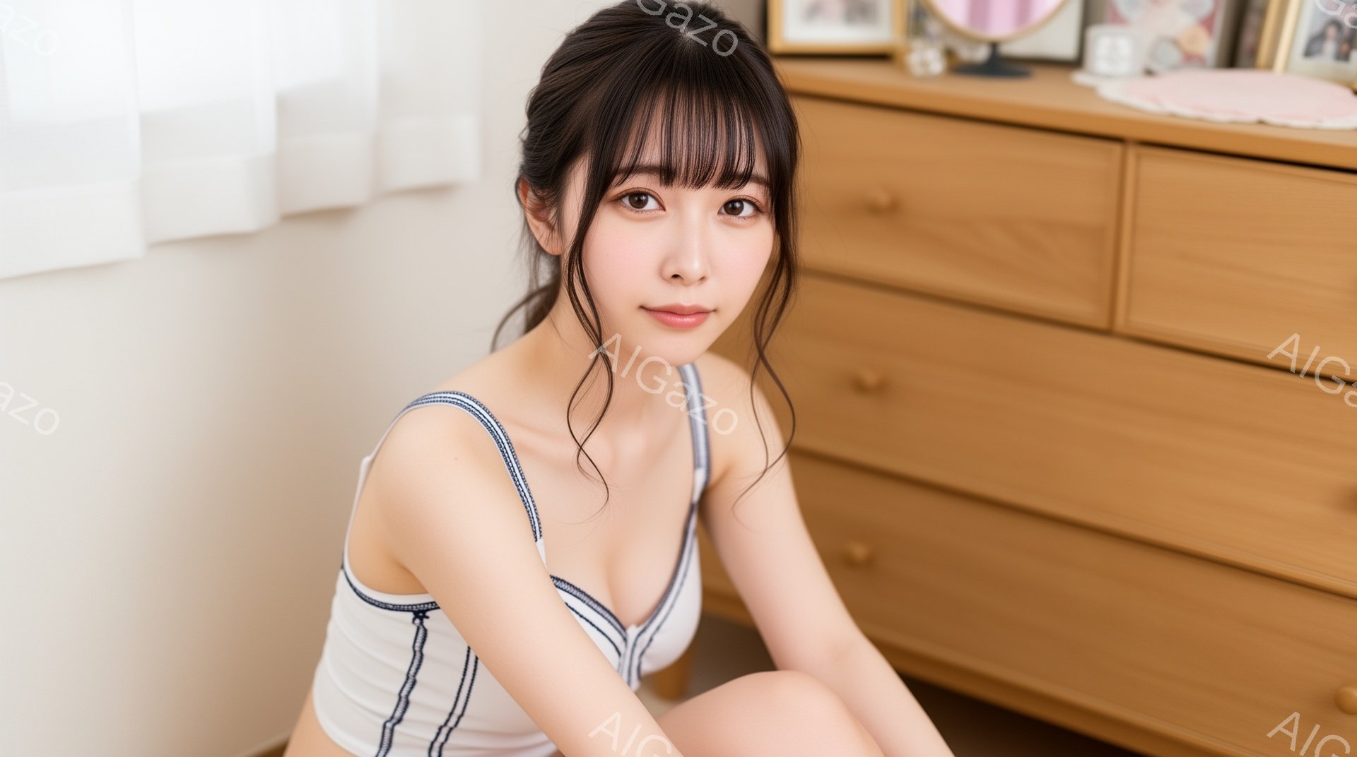 明るい髪の女性が、白いストラップ付きのキャミソールを着て、床に座ってこちらを見ています。彼女は黒髪で、前髪が目にかかるようにカットされ、控えめな笑顔を浮かべています。背景には木製のチェストがあり、室内は暖かく、穏やかな雰囲気が漂っています。