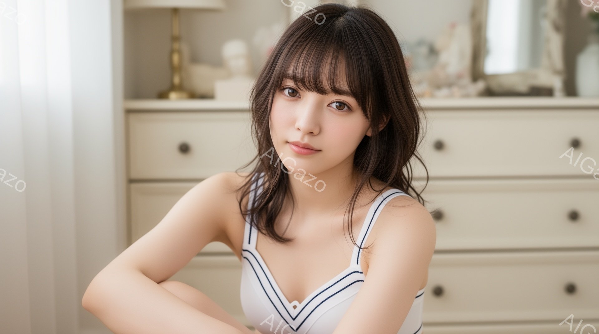 この女性は、白いキャミソールにネイビーのラインが入っており、カジュアルな装いです。肩までかかるダークブラウンの髪は少しウェーブがかかっており、顔の周りにふんわりと流れています。背景にはオフホワイトのチ - AI生成フリー素材