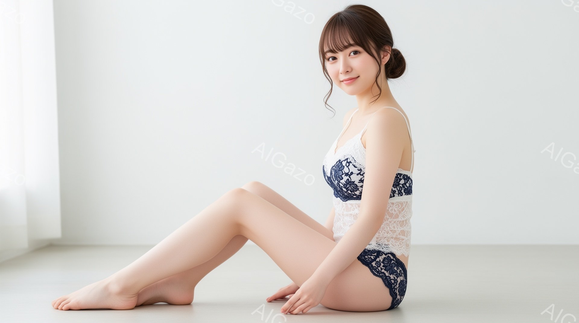 モデルは白い床に座り、レースのブラとショーツを身につけています。彼女は長い髪を軽くカールさせ、微笑みを浮かべています。背景は白くシンプルで、彼女が強調されています。 - AI生成フリー素材