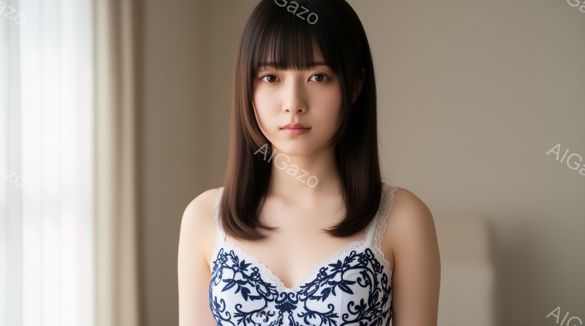 この女性は、肩出しの白いレースのトップスを着ており、ダークブラウンの肩までのストレートヘアが特徴的です。彼女は正面を見据え、わずかに微笑んだ、穏やかで落ち着いた表情をしています。背景はぼやけた白い壁で - AI生成フリー素材