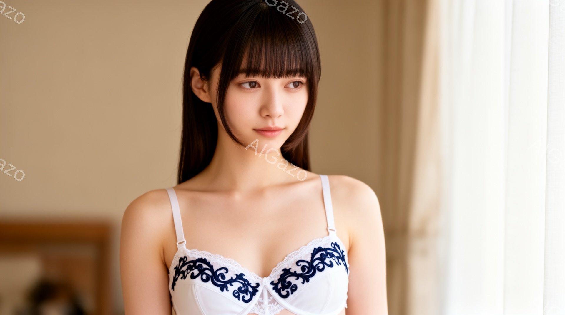 長い黒髪をストレートに垂らし、白いレース装飾のブラレットを着用した若い女性が写っている。彼女は少し内側を向いた視線で、穏やかで控えめな表情をしている。背景はベージュ色の壁とぼやけた家具で、柔らかく優し - AI生成フリー素材