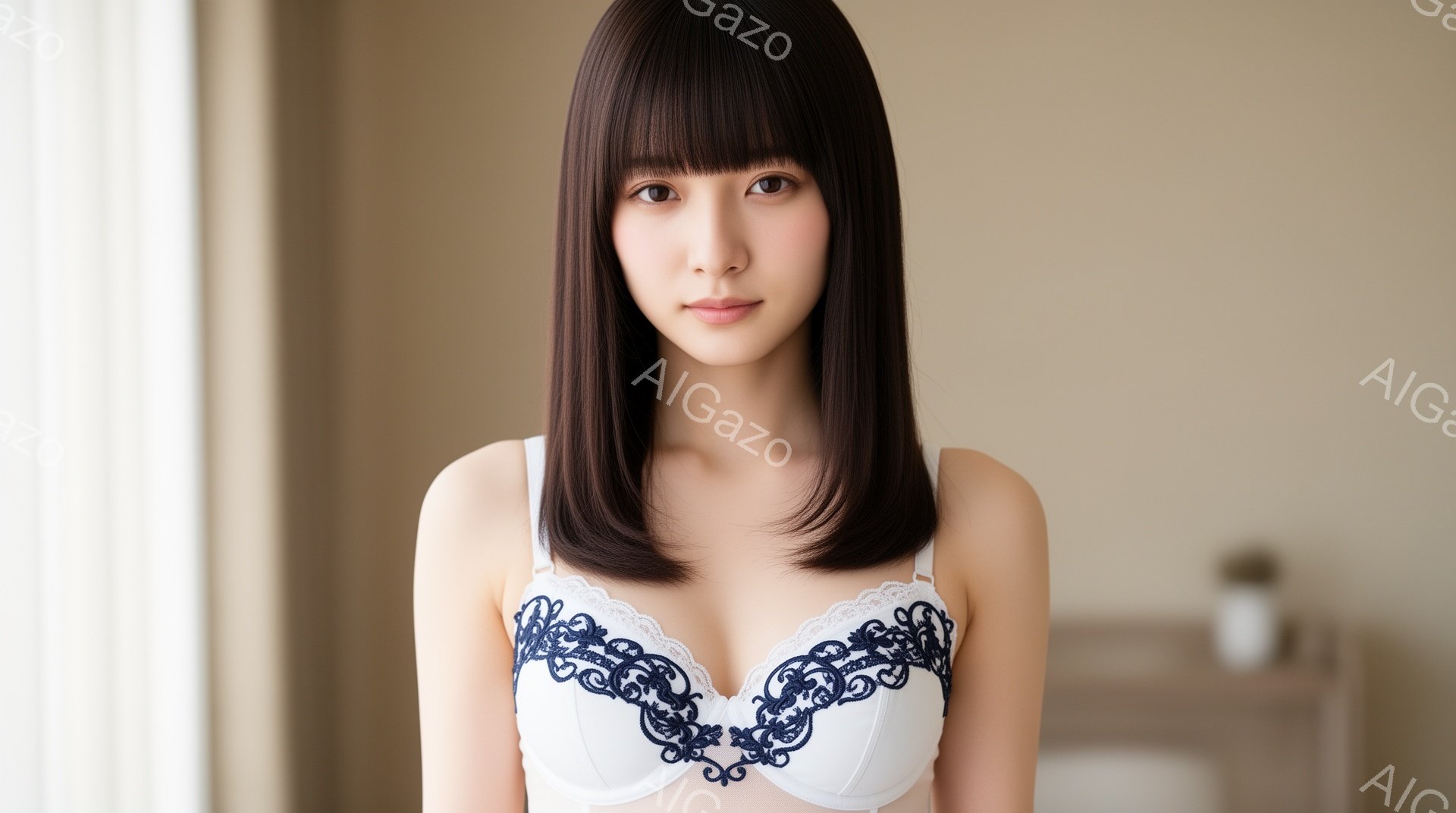 黒髪のロングヘアを肩のあたりで切り揃えた女性が、白いレースのブラレットを着用して正面を見つめています。彼女はわずかに微笑んでおり、リラックスした雰囲気を醸し出しています。背景は薄茶色の壁とぼやけた家具 - AI生成フリー素材