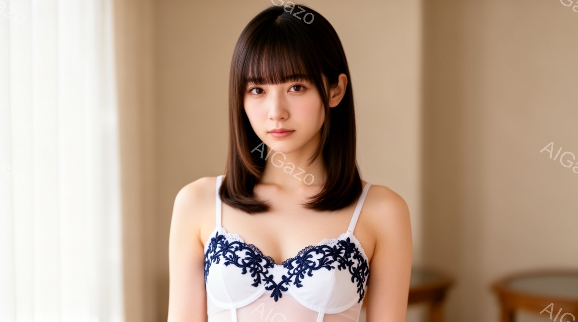 長い黒髪で前髪は眉毛にかかるようにカットされた若い女性が写っています。白いレースのキャミソールを着ており、表情は穏やかでわずかに微笑んでいます。背景はベージュの壁とテーブルの一部が見える室内で、全体的 - AI生成フリー素材