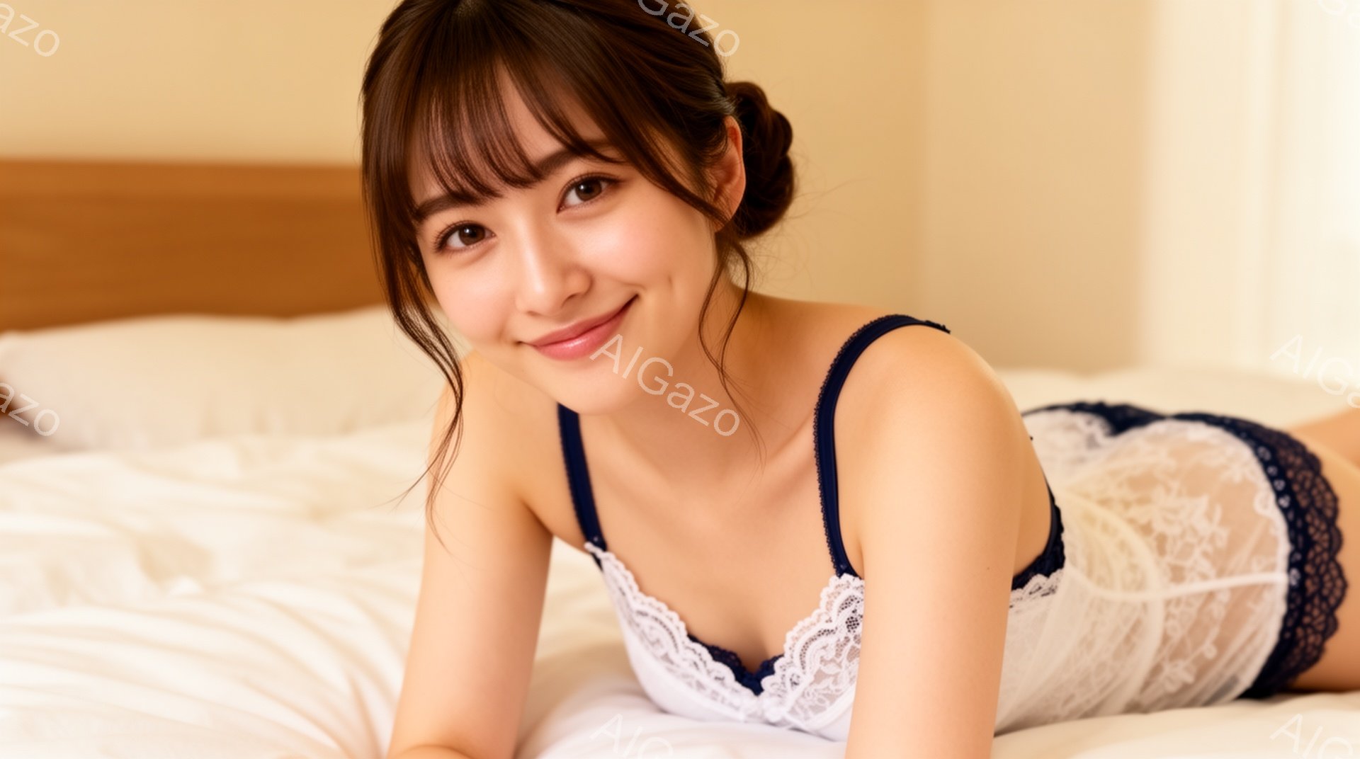 白いベッドに横たわる女性が写っています。彼女はレースが縁取られた白いキャミソールと紺色のブラジャーを身に着けており、髪は後ろでまとめられています。微笑みを浮かべた表情で、リラックスした雰囲気です。 - AI生成フリー素材