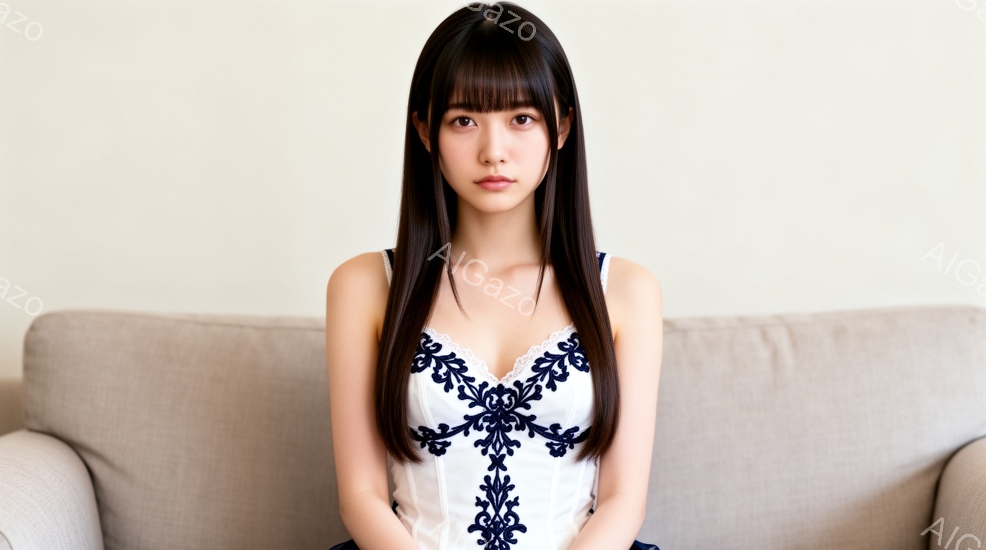 長い黒髪で前髪ぱっつんの女性が、白いレースと黒い刺繍が施されたキャミソールを着て座っています。彼女はまっすぐ前を見ており、表情は落ち着いて少し微笑んでいるように見えます。背景にはグレーのソファがあり、 - AI生成フリー素材