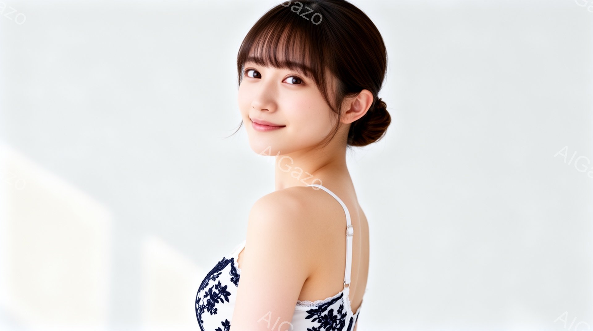 画像は、黒髪を後ろでまとめた若い女性が写っている。白い肩出しのトップスに青い花柄の刺繍が施されており、優しい微笑みを浮かべている。背景は白く、女性が際立っており、全体的に柔らかく上品な雰囲気を醸し出し - AI生成フリー素材