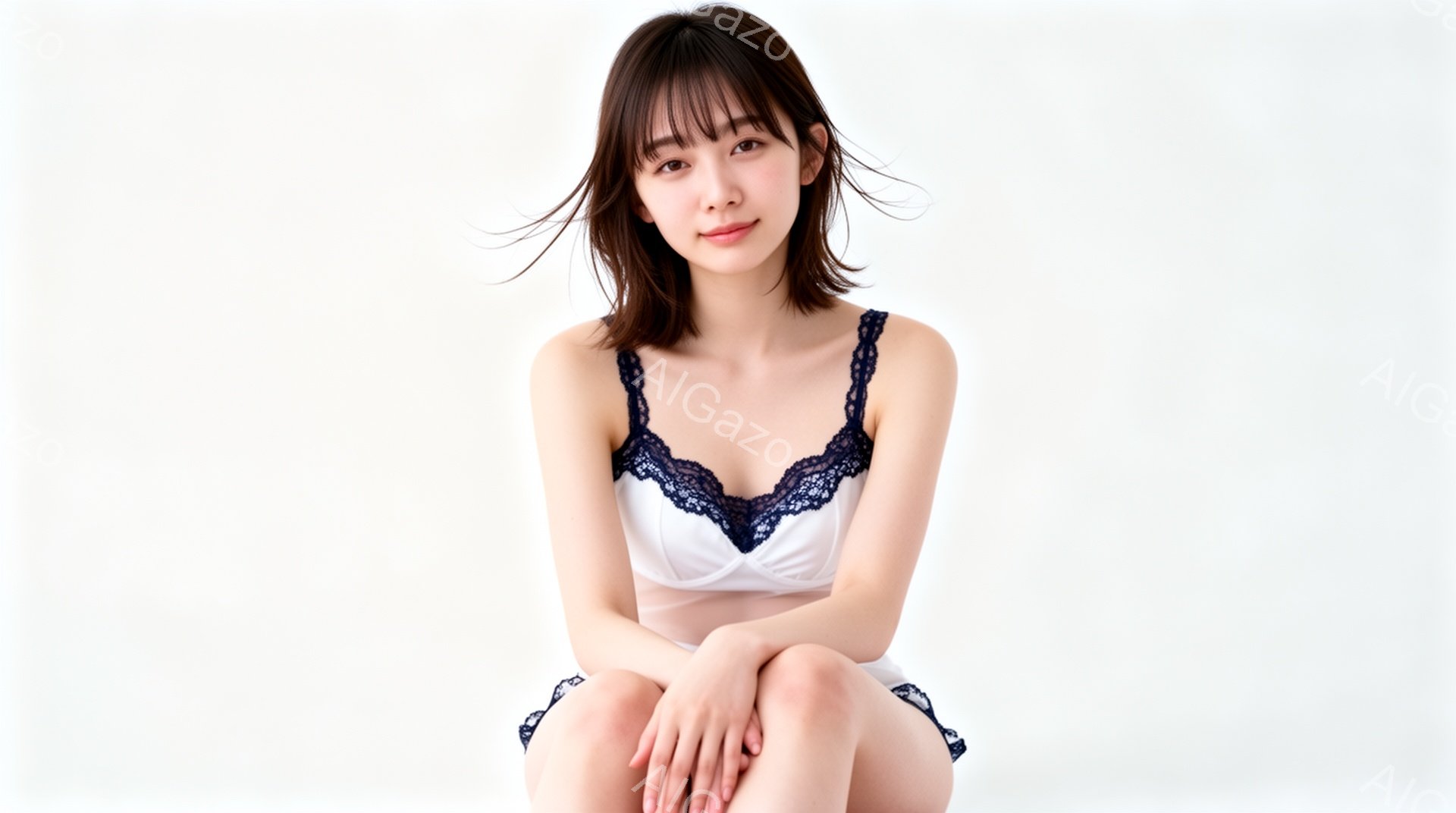 白い背景を背景に、若い女性が座っています。彼女は白いレース装飾のキャミソールとショーツを身に着け、黒いロングヘアを肩のあたりで切り揃えています。彼女は両膝を抱え、わずかに微笑んでおり、優しく穏やかな雰 - AI生成フリー素材