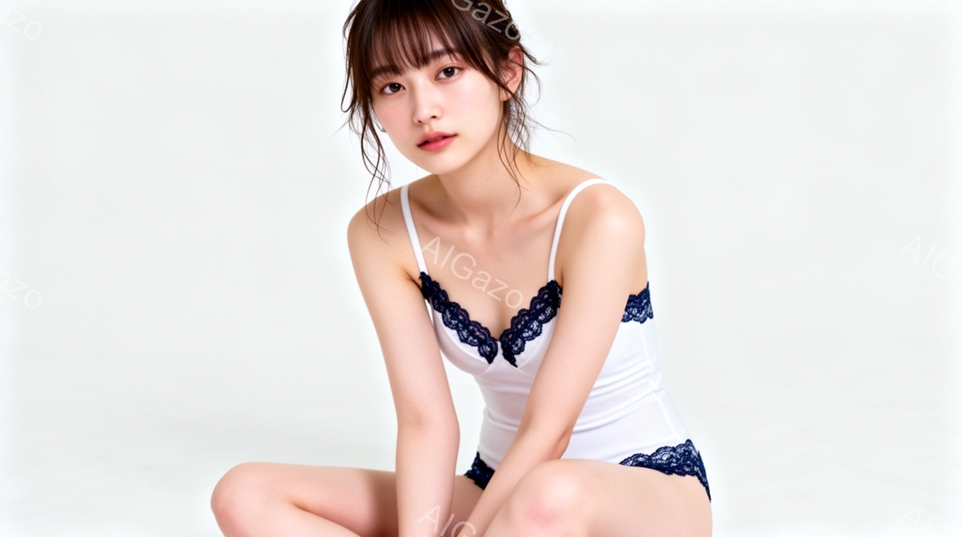 白い背景を背景に、若い女性がキャミソールとショーツ姿で座っています。彼女は肩まで届くストレートの黒髪で、顔にはわずかな微笑みを浮かべています。キャミソールとショーツには、繊細なレースが縁取りされており - AI生成フリー素材