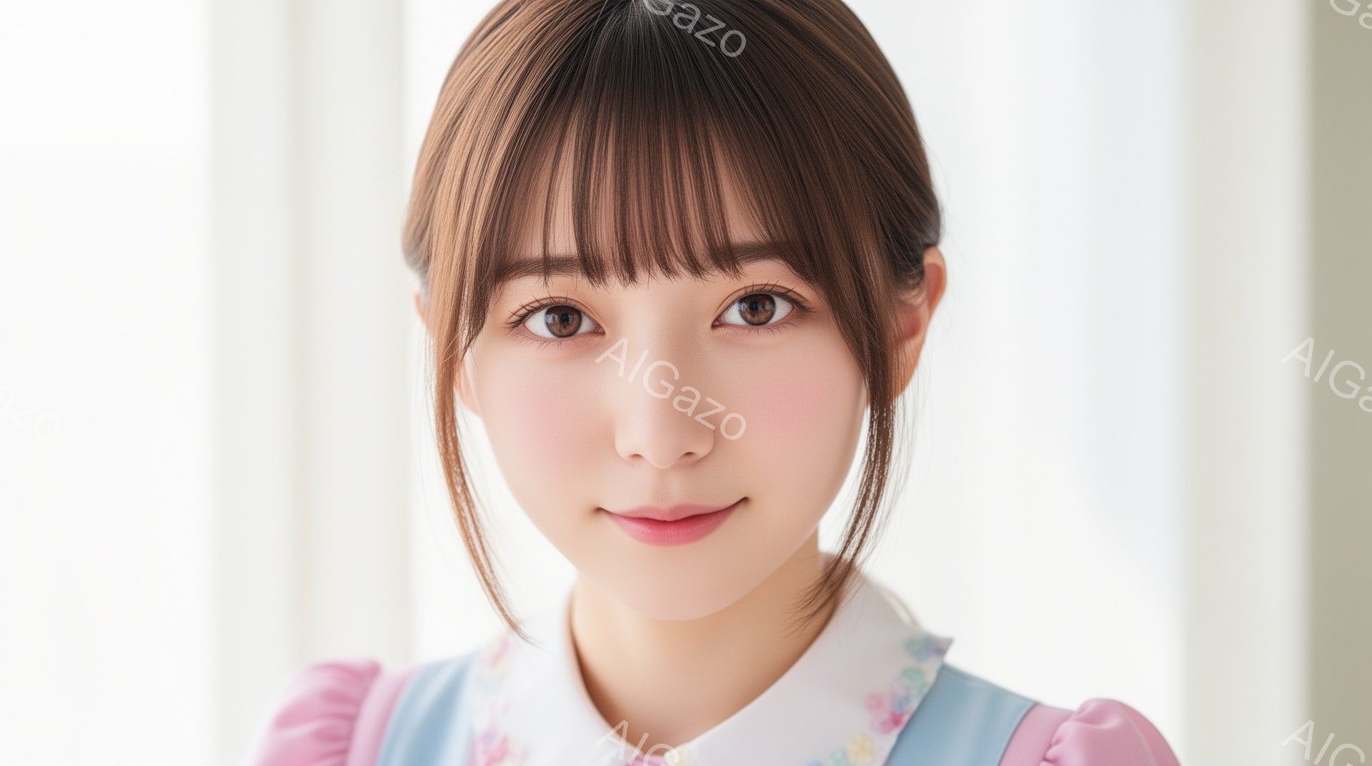 この女性は、明るいピンクと水色のワンピースを着ており、白い襟に花柄が描かれています。髪は肩までの長さで、前髪はぱっつんカット、全体的に柔らかい印象を与えています。彼女はカメラに向かって微笑んでおり、穏 - AI生成フリー素材