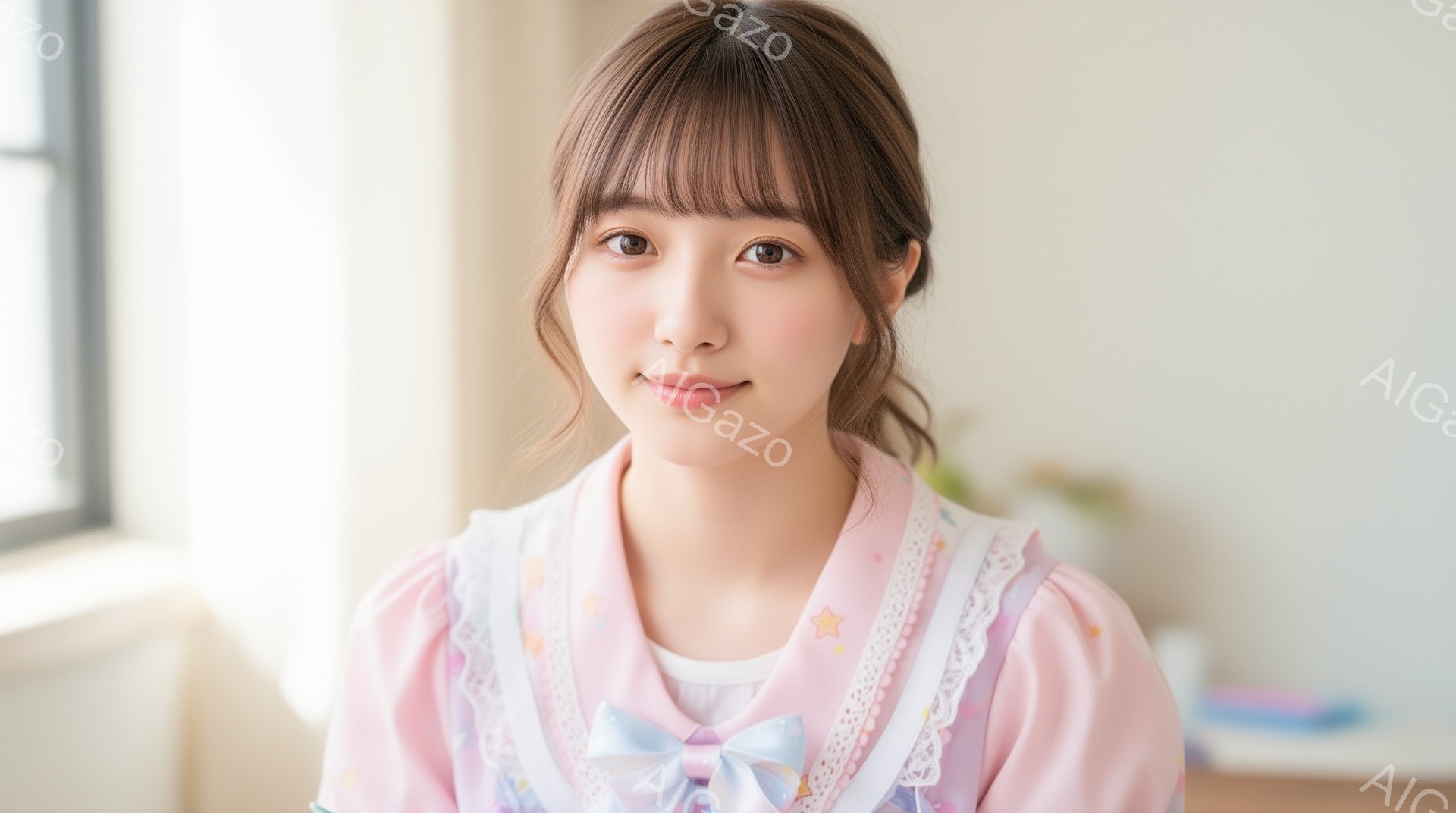 明るい表情の若い女性が写っている。淡いピンク色のフリル付きのブラウスに水色のリボンを結び、肩までの長さの茶髪をゆるくまとめており、可愛らしい印象を与える。背景は明るい室内で、窓からの自然光が差し込み、 - AI生成フリー素材