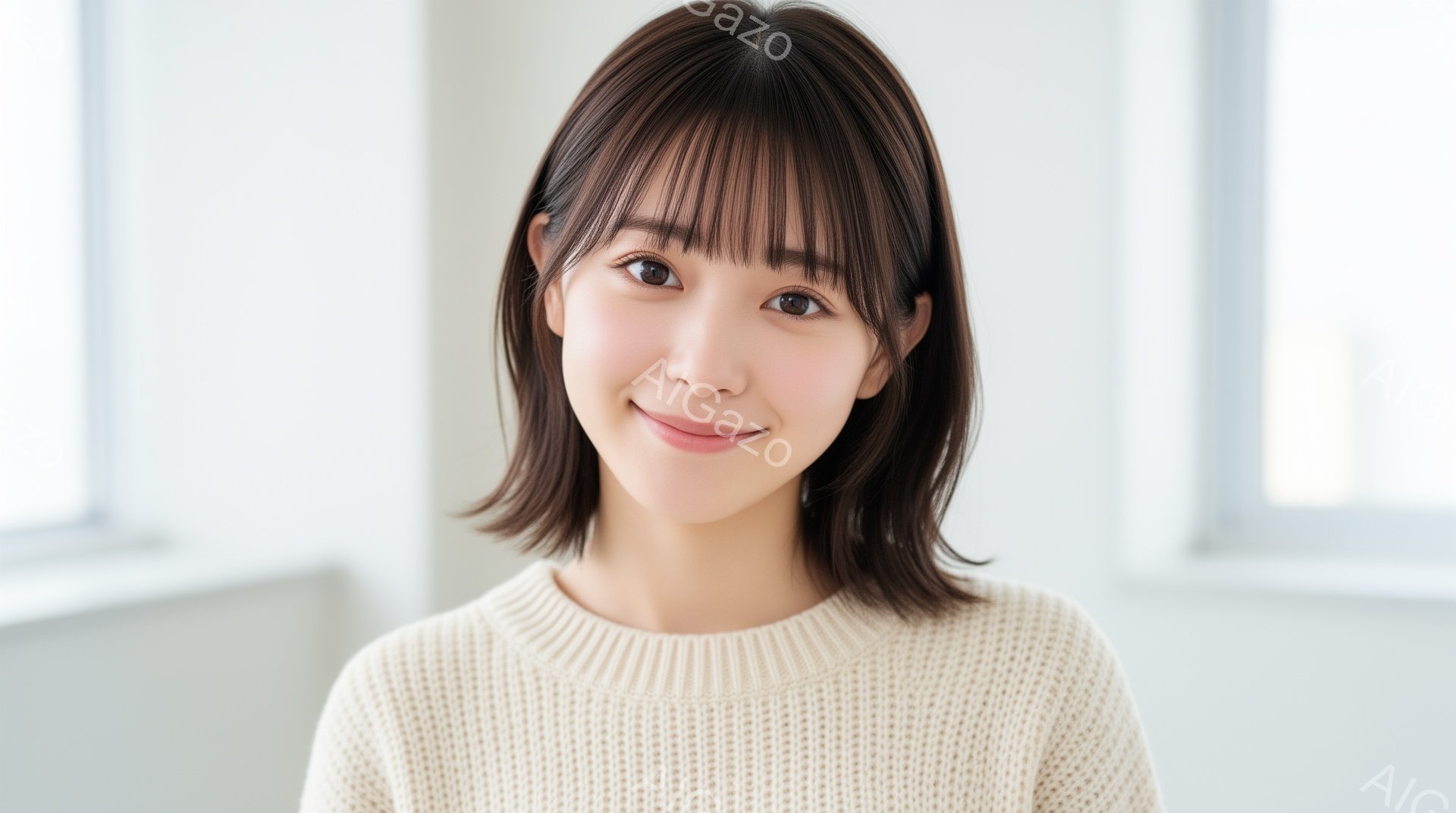 明るい背景を背景に、短い茶髪の女性が正面を見つめています。彼女はオフホワイトのニットセーターを着ており、穏やかな笑顔を浮かべています。全体的に清潔感があり、親しみやすい雰囲気です。 - AI生成フリー素材