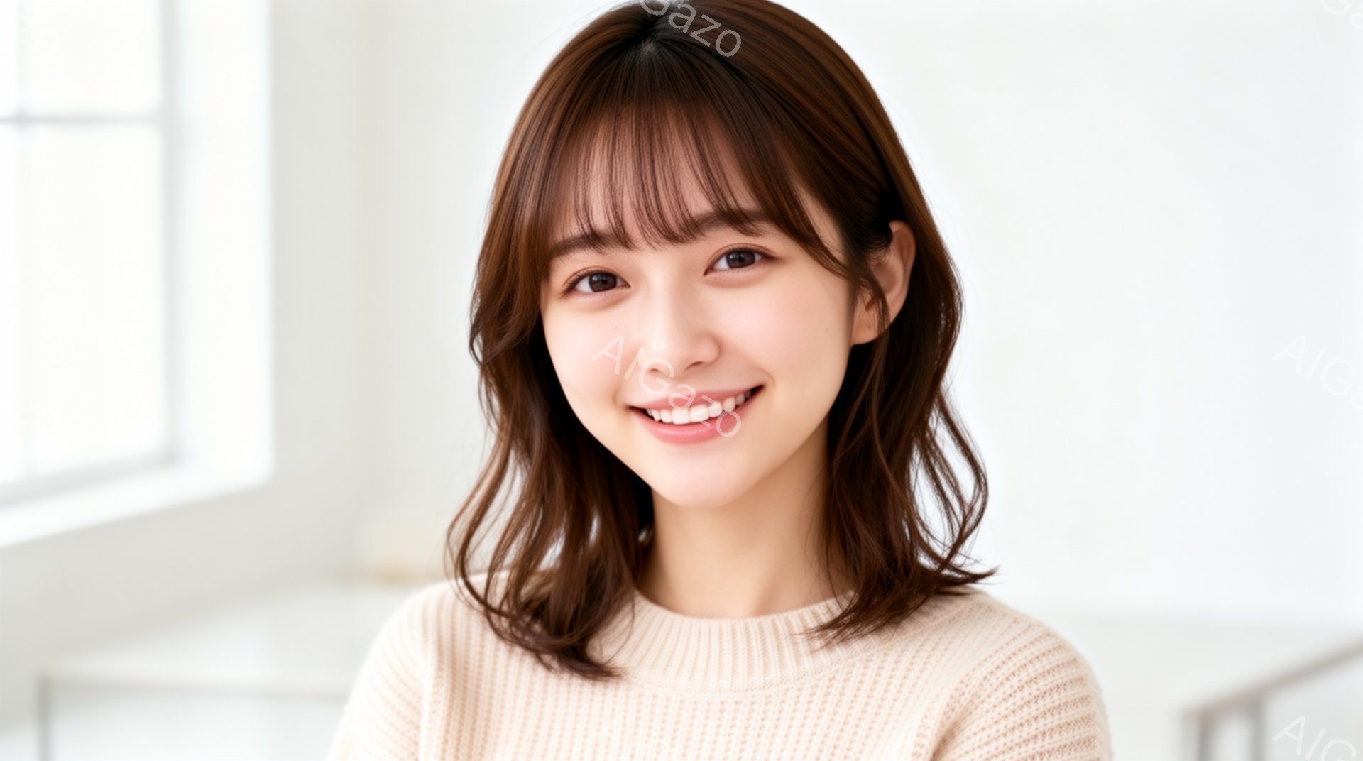 画像は、明るい笑顔を浮かべた若い女性のポートレートです。彼女はベージュ色のセーターを着ており、肩までの長さの茶髪に前髪があります。背景は白く、室内であると推測され、全体的に清潔で明るい印象を与えます。 - AI生成フリー素材
