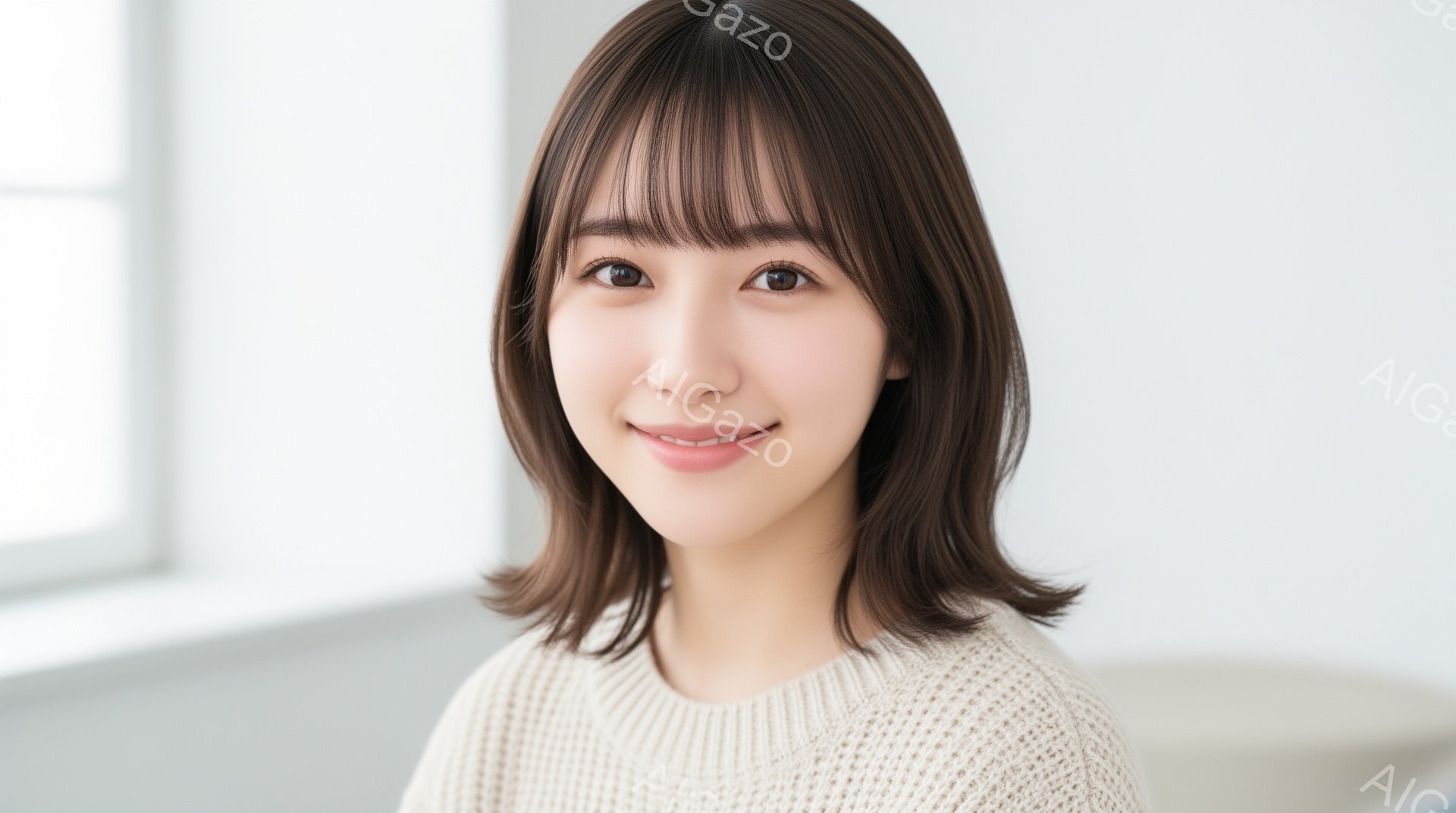 画像は、明るいベージュ色のニットセーターを着た若い女性のポートレートです。彼女は肩までの長さの茶色のヘアスタイルで、前髪が目に少しかかっています。微笑みを浮かべ、優しい印象を与えています。 - AI生成フリー素材