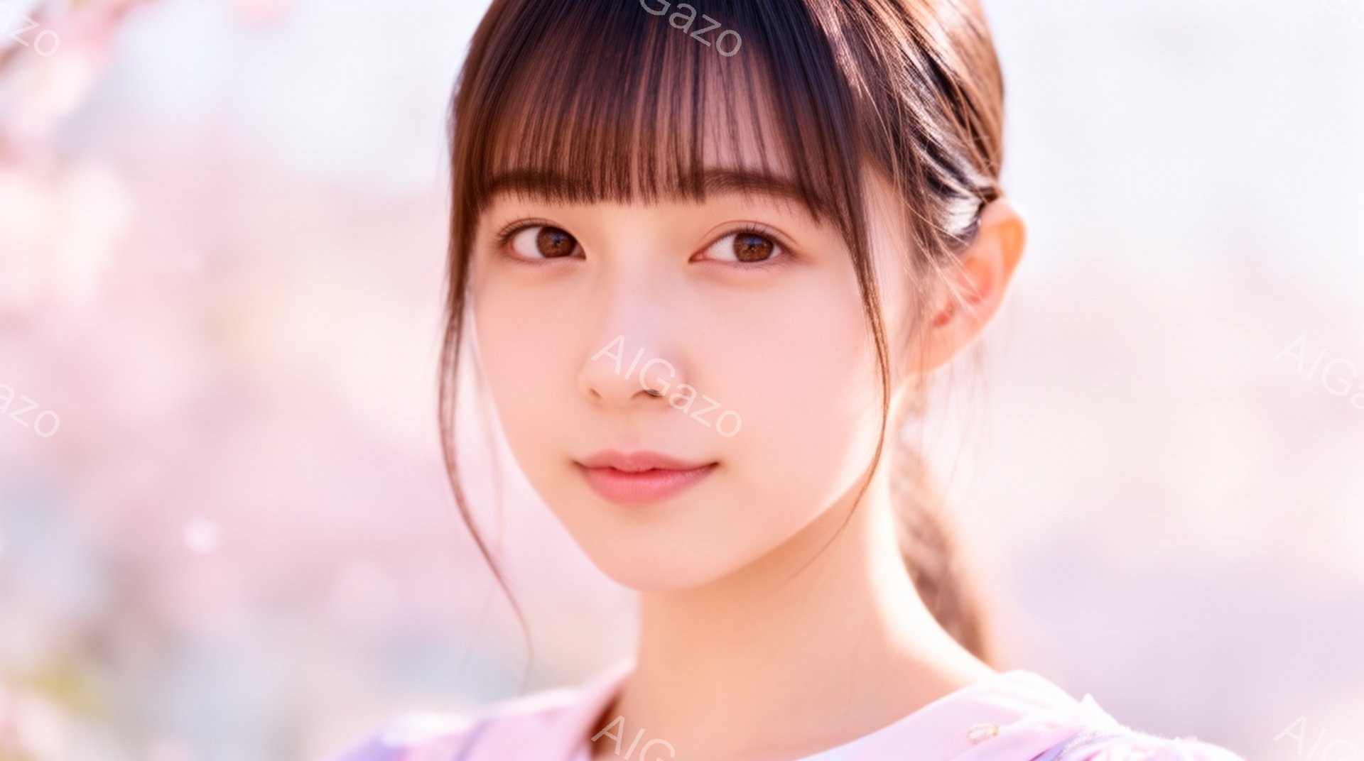 若い女性が、桜の花びらが舞う背景の中で、穏やかな微笑みを浮かべています。彼女は薄紫色の服を着ており、前髪を下ろしたロングヘアは肩にかかっています。背景はぼやけており、春の暖かく優しい雰囲気を醸し出しています。