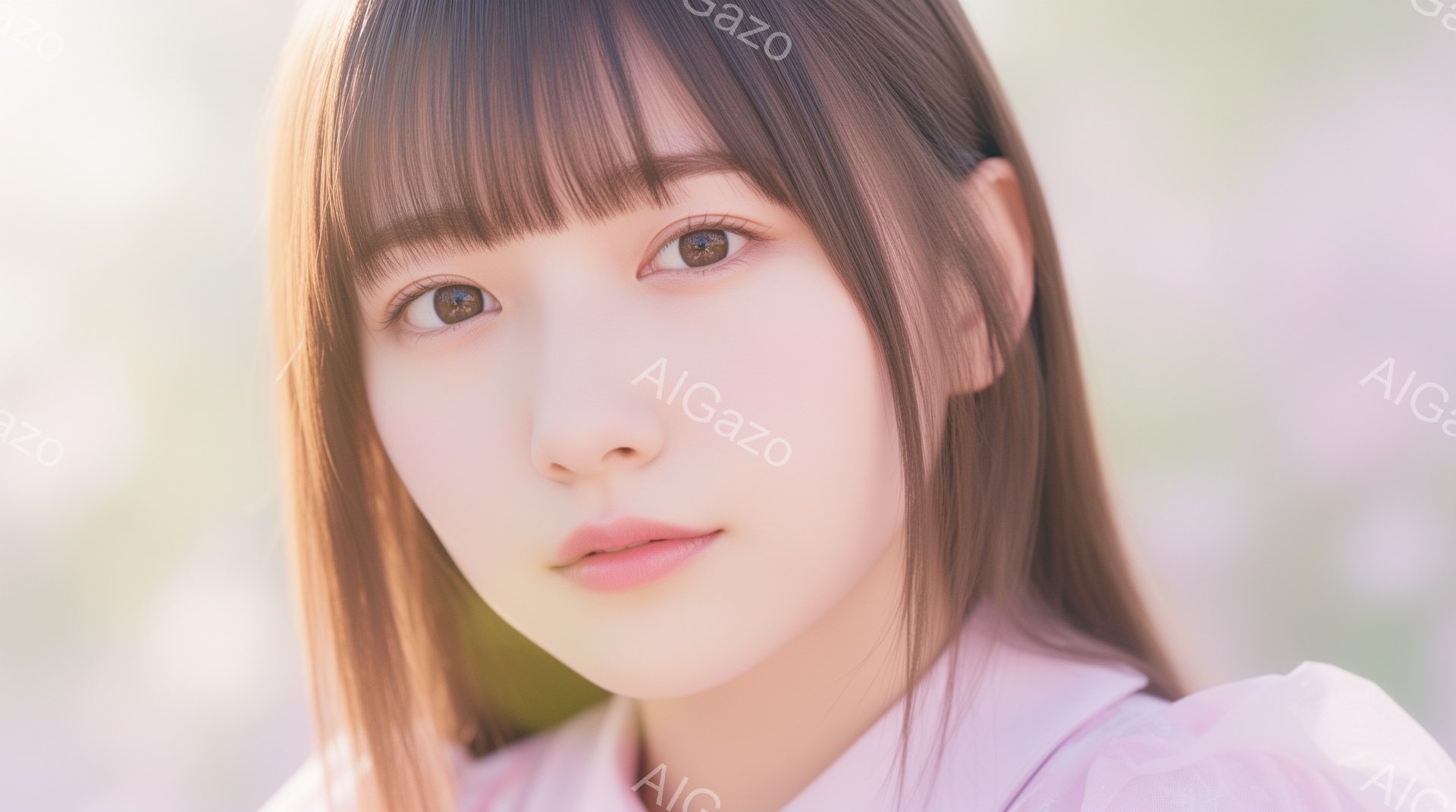 明るいブロンドの髪と前髪を持つ若い女性が写っています。彼女は薄いピンク色のブラウスを着ており、穏やかな微笑みを浮かべています。背景はぼやけており、春らしい花々が咲き乱れている様子が伺え、全体的に柔らかく優しい雰囲気です。