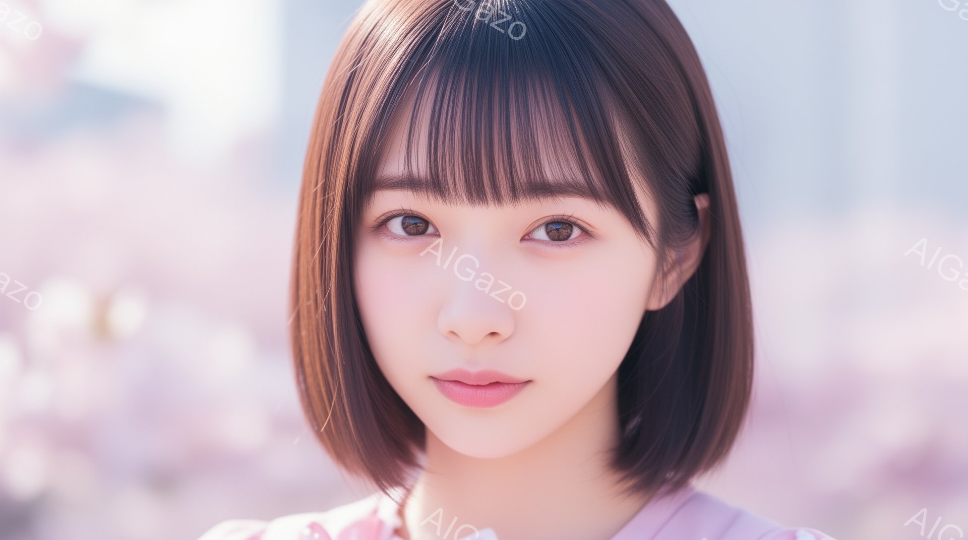 画像は、短いボブヘアの若い女性のポートレートです。彼女は淡いピンク色の服を着ており、穏やかで少し微笑んだ表情をしています。背景には桜の花がぼんやりと見え、春の穏やかな雰囲気を醸し出しています。 - AI生成フリー素材