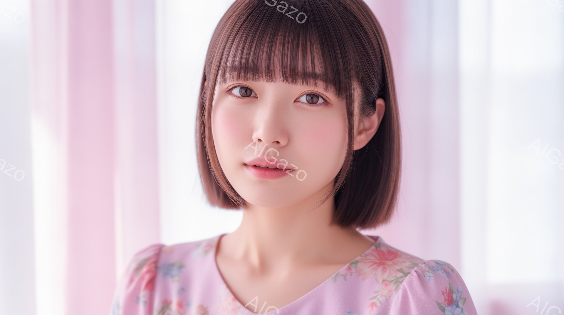 この女性は、肩までの長さの茶髪と、前髪で顔を覆うヘアスタイルです。淡いピンク色の花柄のブラウスを着ており、表情は穏やかで、わずかに微笑んでいます。背景はぼやけたピンクと白のストライプで、柔らかく優しい - AI生成フリー素材