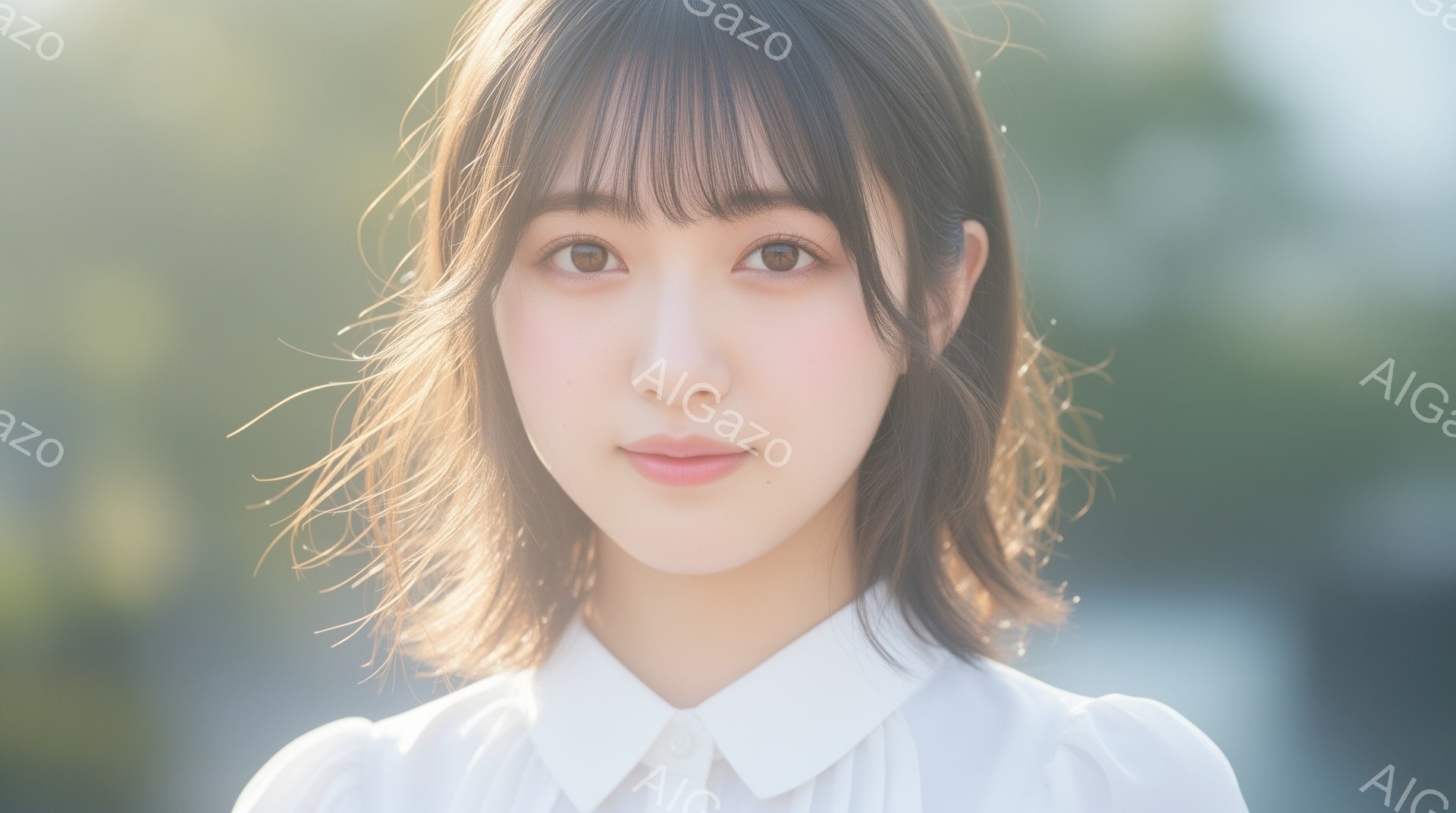 ショートヘアの女性が写っており、明るい茶色の髪が肩にかかる長さで、前髪は眉毛にかかるようにカットされている。白いブラウスを着ており、顔には穏やかな微笑みが浮かび、表情はリラックスしている。背景はぼやけ - AI生成フリー素材