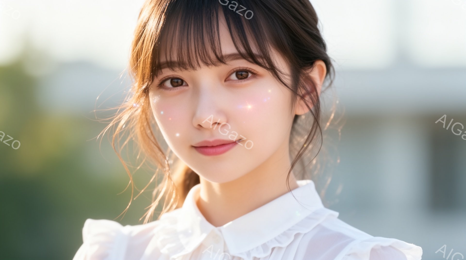 明るい日差しの中、若い女性が正面を見つめている。白いフリル襟のブラウスを着ており、髪は軽くカールがかかり、顔の周りに自然に落ちている。彼女は穏やかな微笑みを浮かべ、頬には薄いピンク色のハイライトが施さ - AI生成フリー素材