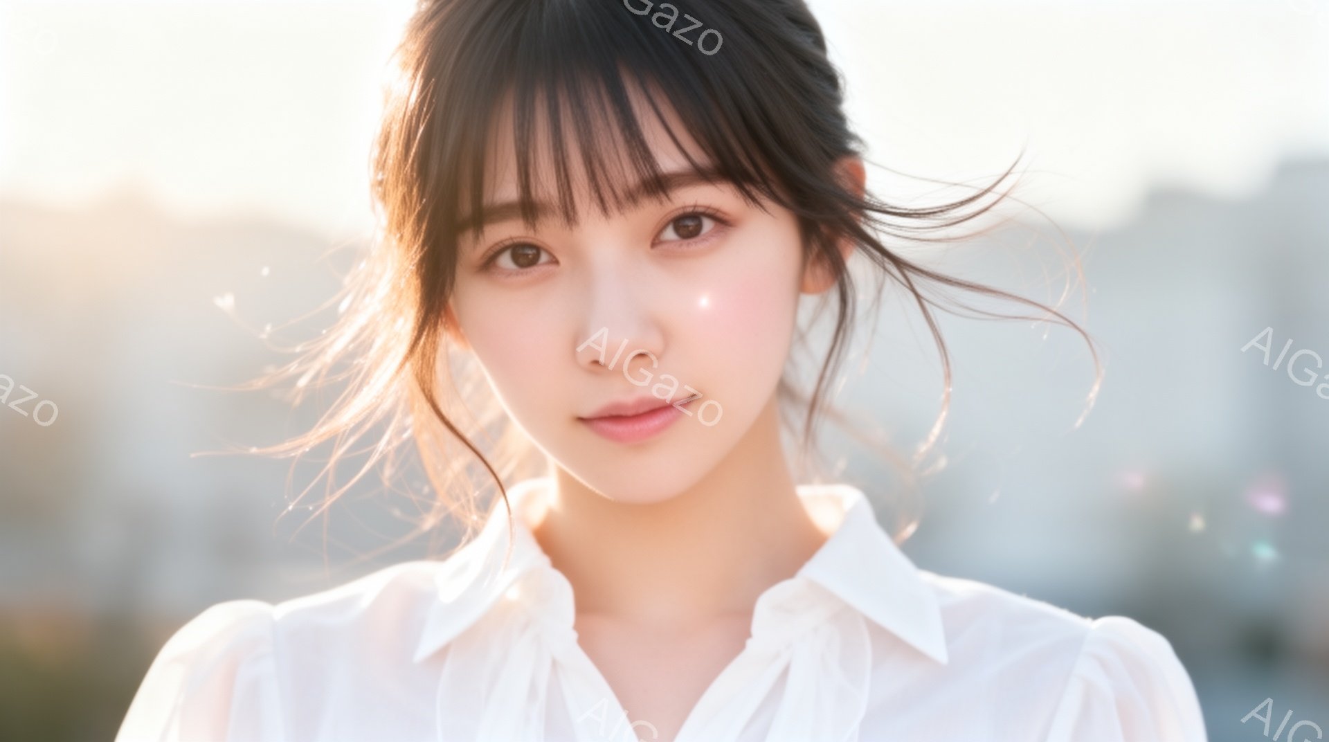 若い女性が正面を向き、白いブラウスを着ています。彼女は黒髪で、前髪が少し流れています。背景はぼやけており、おそらく都会の風景で、光が差し込み、全体的に柔らかく、温かい雰囲気を醸し出しています。 - AI生成フリー素材
