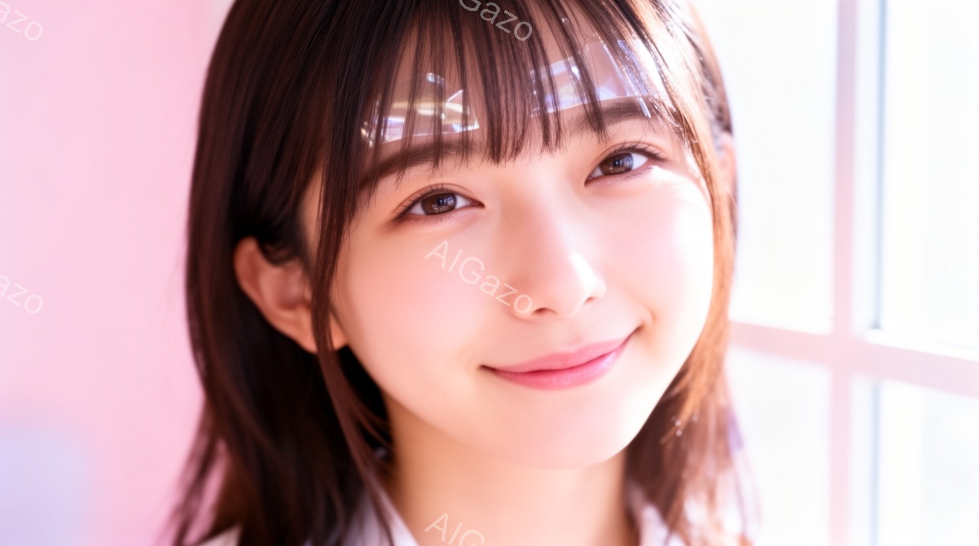 画像は、微笑んでいる若い女性のクローズアップです。彼女は明るい茶色の髪で、前髪が少し目にかかっています。背景は柔らかいピンク色で、窓の光が彼女を照らし、全体的に温かく優しい雰囲気を醸し出しています。