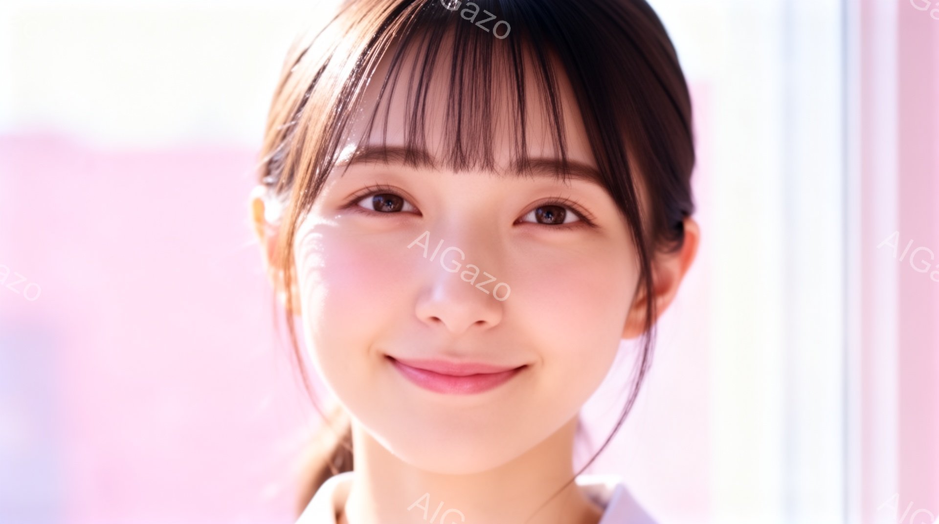 この女性は、明るい笑顔を浮かべてカメラを見つめています。黒髪のロングヘアは軽くカールしており、白いシャツを着ています。背景はぼやけたピンク色で、柔らかく優しい雰囲気を醸し出しています。 - AI生成フリー素材