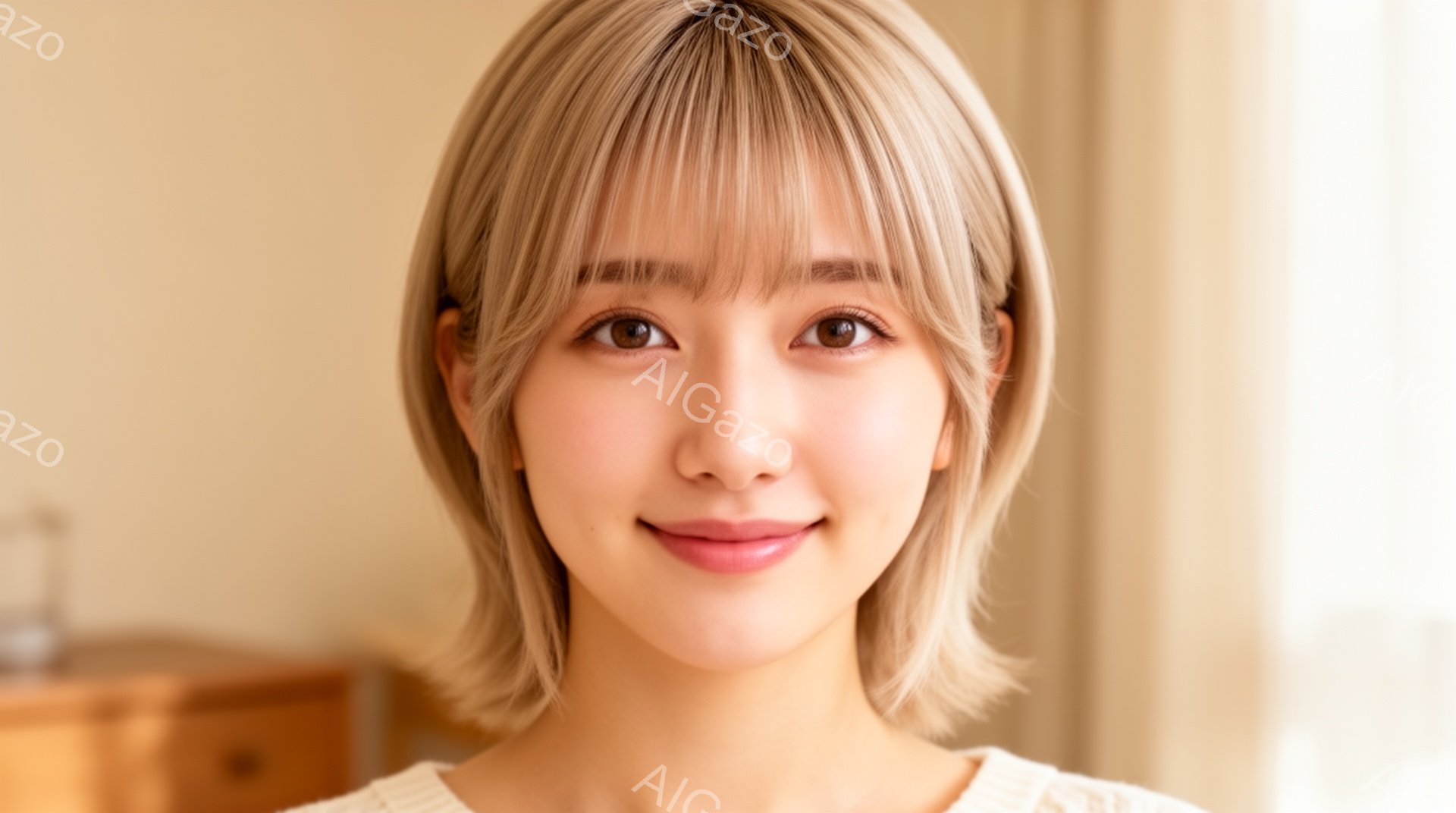 明るい茶髪のショートヘアの女性が正面を向いています。白いセーターを着て、わずかに微笑んでおり、優しい印象を与えます。背景はぼかれていますが、暖色系の室内であることがわかります。 - AI生成フリー素材