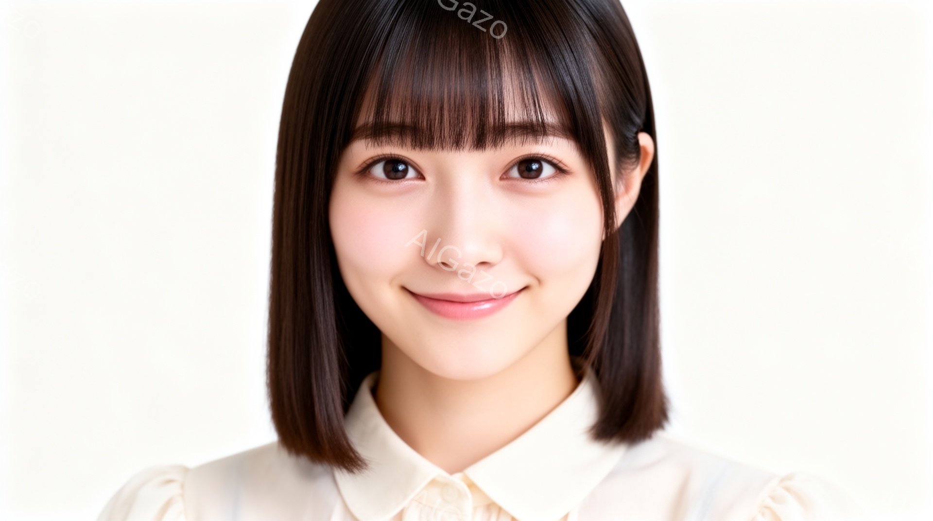 この女性は、明るいベージュ色のブラウスを着ており、前髪が眉毛にかかる程度の長さのダークブラウンのボブヘアです。彼女は微笑んでおり、その表情は穏やかで親しみやすい印象を与えます。背景は白く、人物に焦点が - AI生成フリー素材