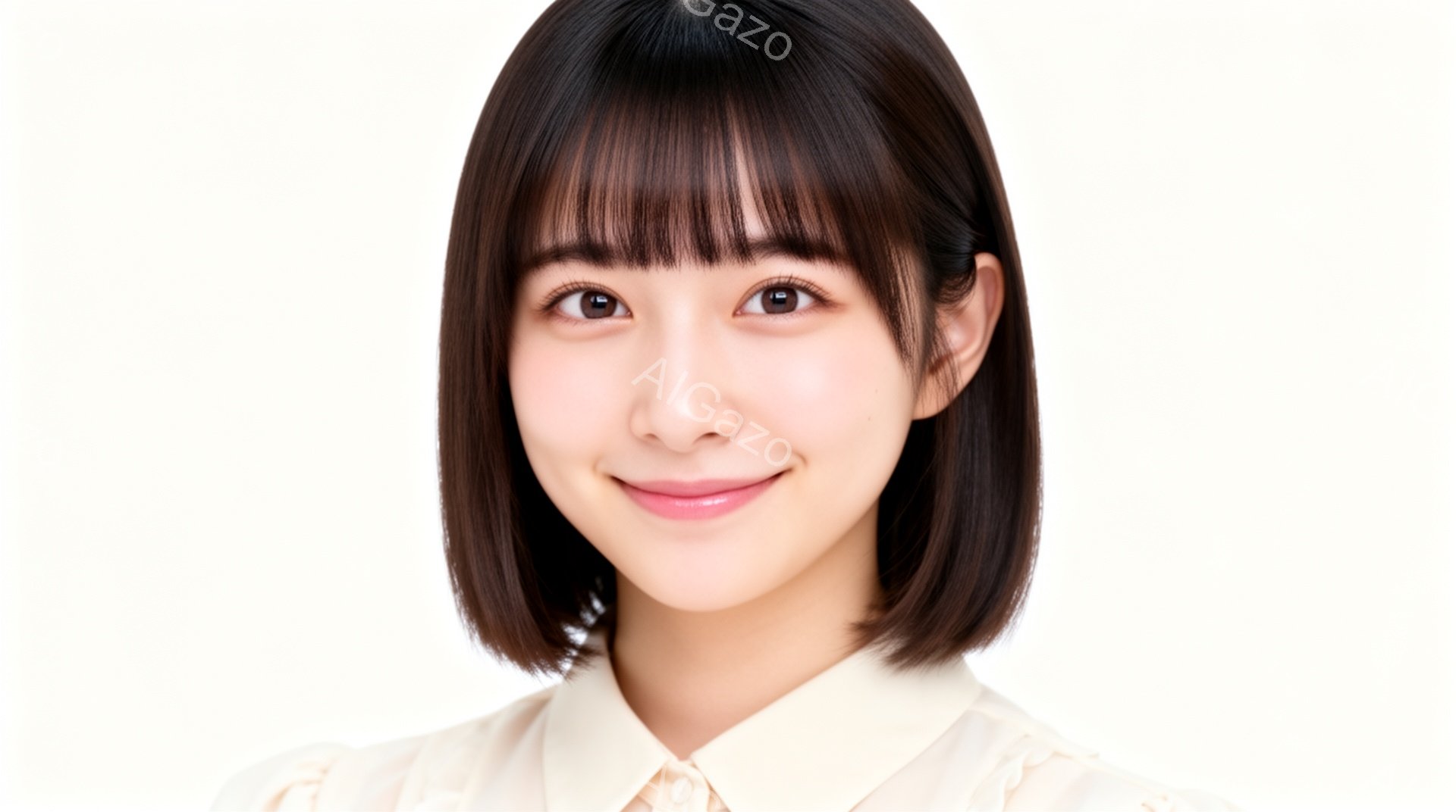 この女性は、明るいベージュ色のブラウスを着て、短いボブヘアで、前髪を少し斜めに流しています。彼女は微笑んでおり、表情は柔らかく親しみやすい印象を与えます。背景は白で、人物が際立っており、全体的に清潔感 - AI生成フリー素材