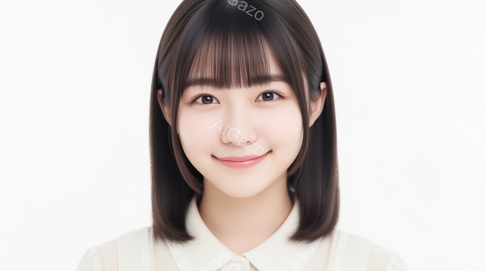 この画像は、黒髪の短いボブヘアの若い女性のポートレートです。彼女は白いブラウスを着ており、わずかに微笑んでいます。背景は白で、女性が際立っており、全体的に清潔で明るい雰囲気です。 - AI生成フリー素材