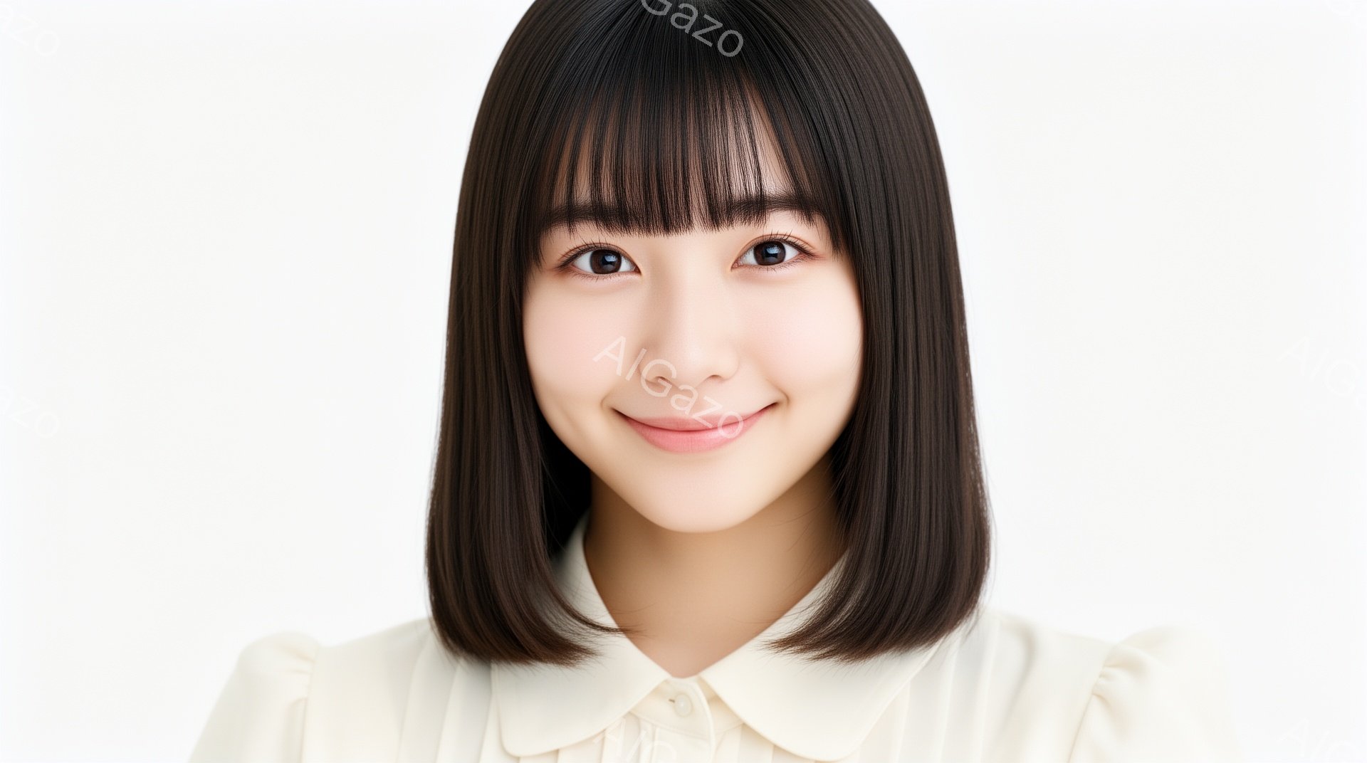 画像は、肩までの長さの黒髪で、前髪が目にかかる若い女性のポートレートです。彼女は白いブラウスを着ており、穏やかな笑顔でカメラを見つめています。背景は白で、女性が中心に配置されており、清潔で明るい雰囲気 - AI生成フリー素材