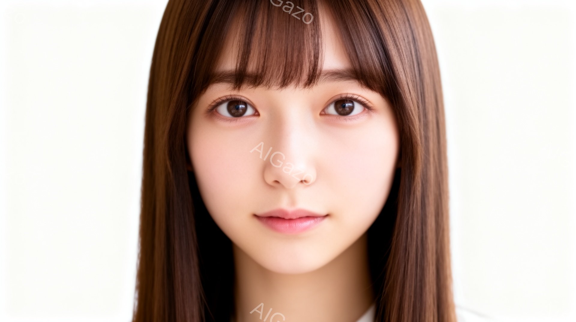 この画像は、茶色の長い髪で、前髪が目の上にかかる女性の顔のアップです。彼女は白いシャツを着ており、穏やかで少し微笑んだ表情をしています。背景は白一色で、女性に焦点が当てられています。 - AI生成フリー素材