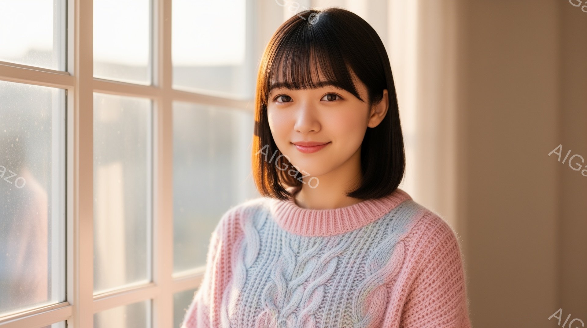 画像は、窓辺に立つ若い女性を捉えています。彼女は、ピンクと水色のケーブルニットセーターを着ており、ダークブラウンのストレートヘアを肩の長さでカットし、前髪を揃えています。彼女は微笑んでおり、背景にはぼ - AI生成フリー素材